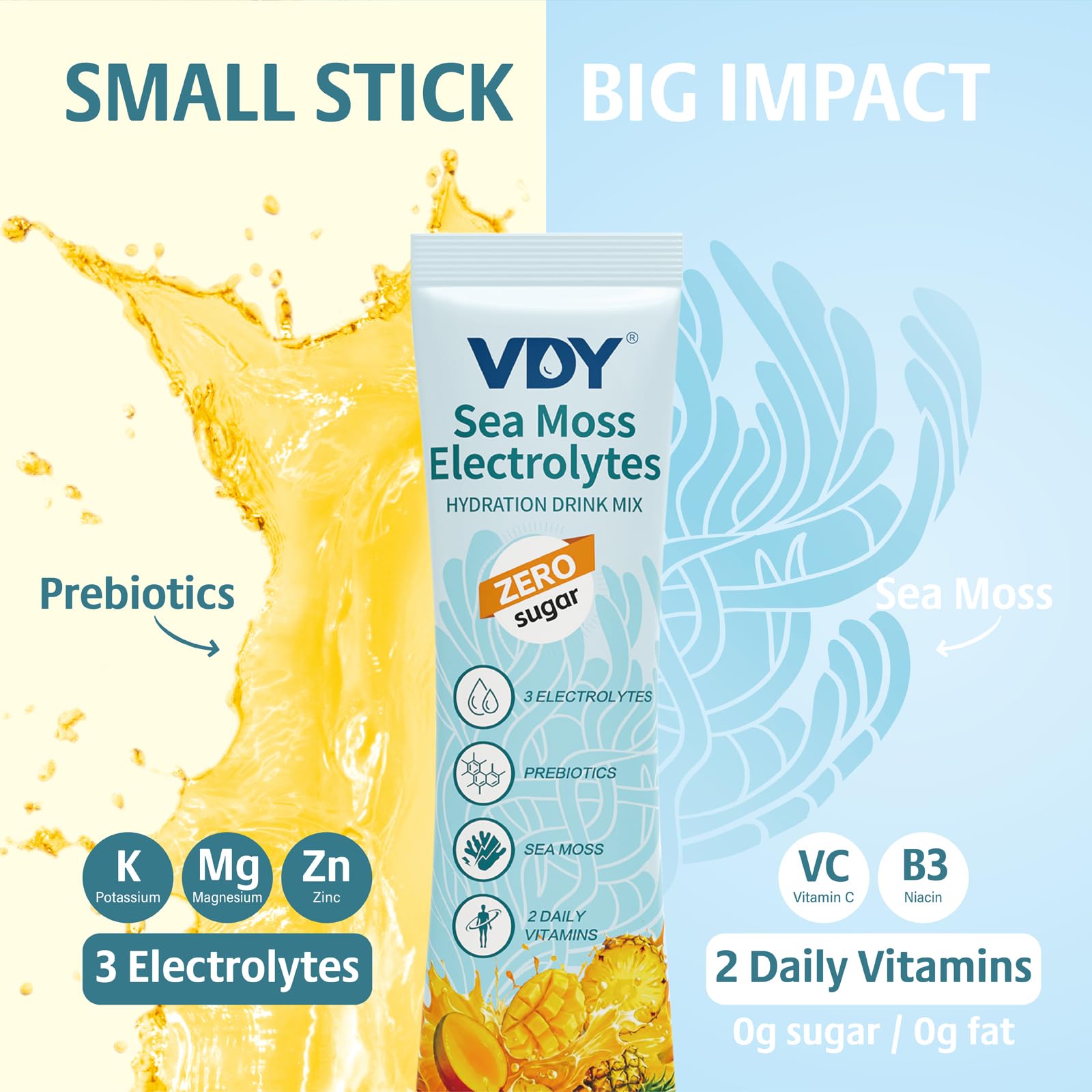 Sea Moss Electrolytes Powder Packets - Hydration Packets Sugar Free - Electrolyte Packets with 30 Sticks - Zero Sugar & 0 Calorie - Keto Friendly - Gluten Free Drink Mix - Mango Pineapple - 3