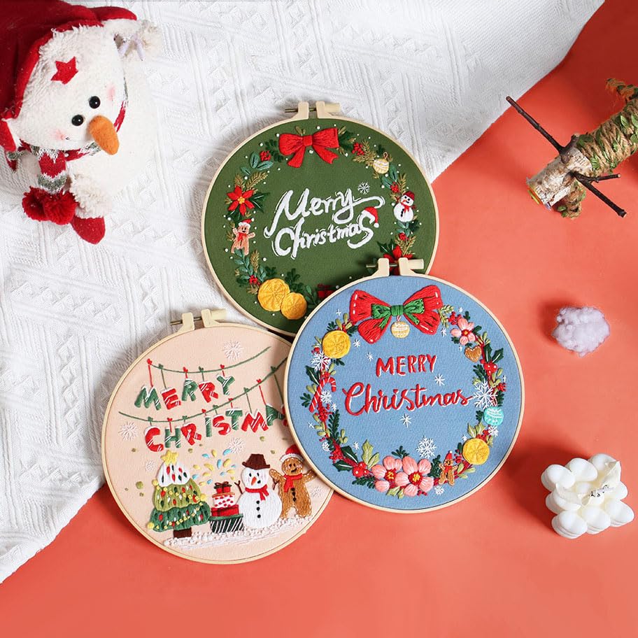 Image of Konrisa Embroidery Kits Merry Christmas Pattern Embroidery Starter Kits for Adults Beginner DIY Sewing Needlepoint Cross Stitch Practice Kit Christmas Home Decoration Handmade Gifts