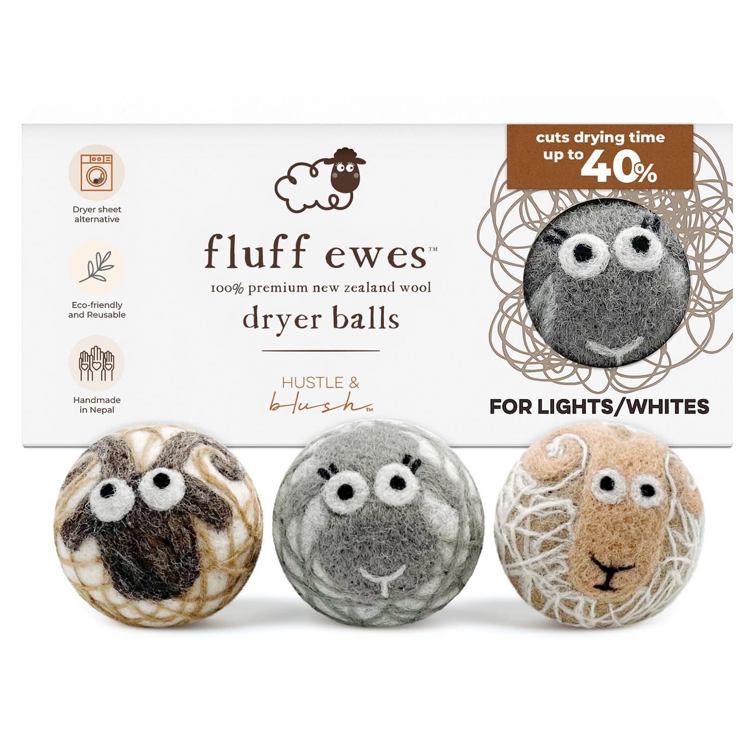 Pelusa Ewes Premium hecho a mano Nueva Zelanda reutilizable bolas de secador de lana para lavandería, antiestática alternativa al suavizante de tela líquida, bolas de plástico o hojas de secador,
