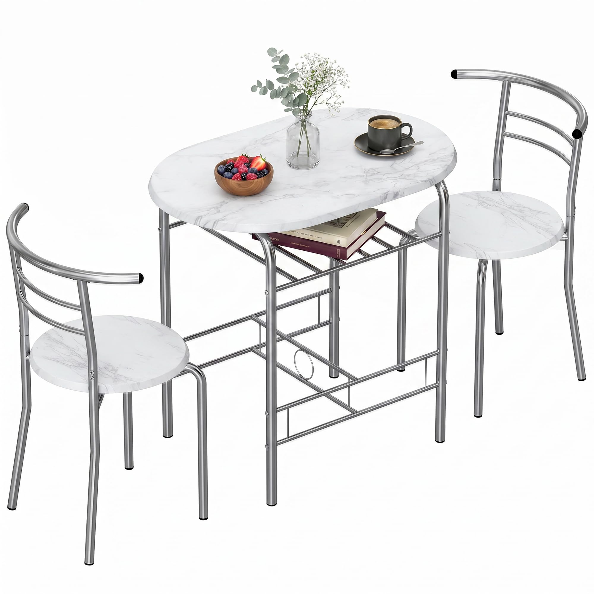 HOMCOM 3-Piece Dining Table and Chairs Set Marble-Effect Top White