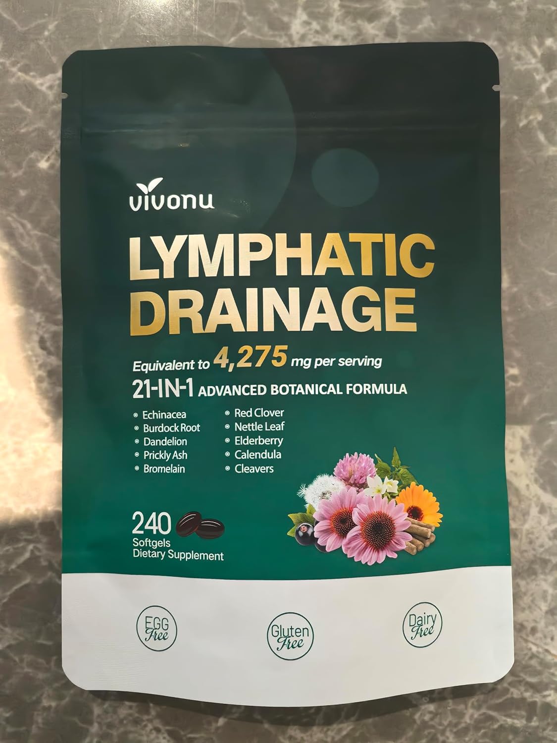 Lymphatic Drainage Supplement, 240 Softgels, Lymph System Support Supplement for Women & Men, 21-in-1 Herbal Blend with Echinacea, Dandelion, Burdock, Bromelain, Calendula, Turmeric & More