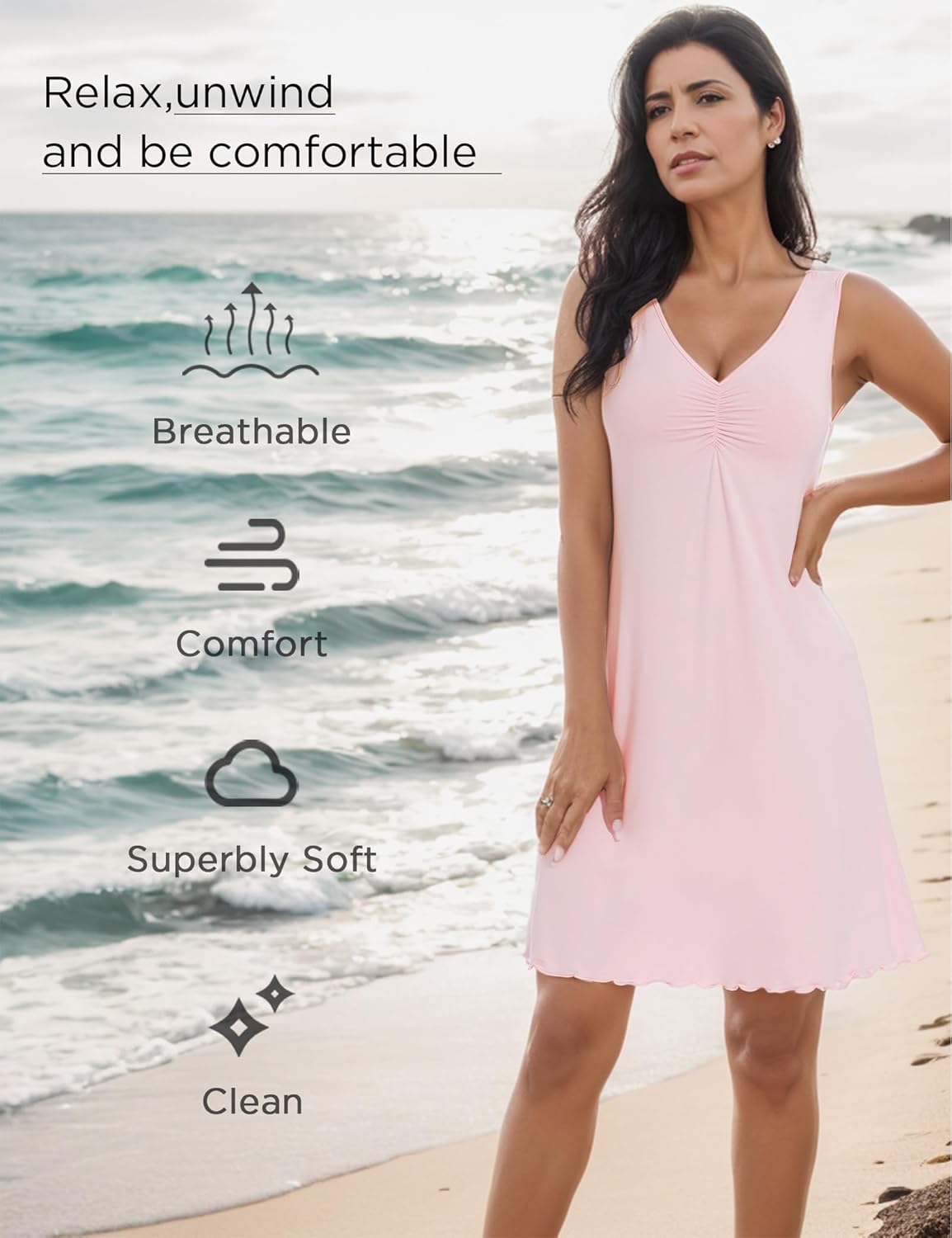 GYS Sleeveless Nightgowns for Women Soft Viscose Sleepwear Pleated Tank Sleep Shirts V Neck Pajama Dress - Image 3