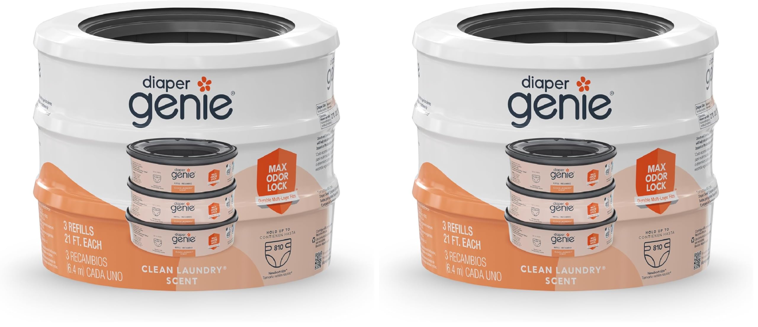 Diaper Genie Bags Refills 270 Count (Pack of 6) Clean Laundry Scent | Diaper Pail Refills with Max Odor Lock | Holds up to 810 Newborn Diapers
