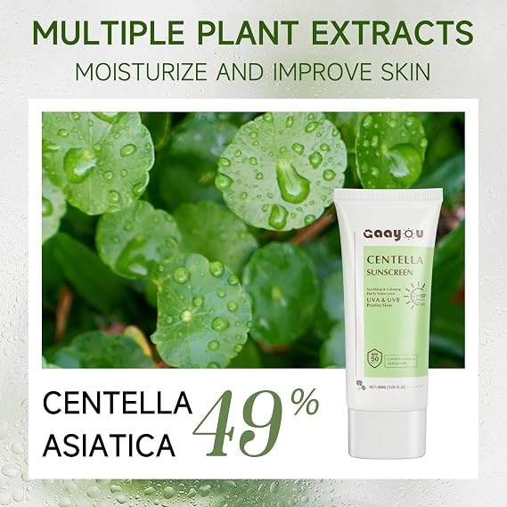 Gaayou Moisturizing Facial Sunscreen with Centella Asiatia, Korean Sunscreen Matte Without White Clay Sun Protection for Oily and Sensitive Skin