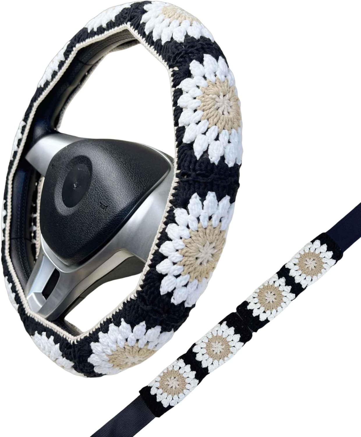 Handmade Crochet Black Granny Square Car Steering Wheel Covers Universal 14-15 inch for Women and Men (Steer Wheel Cover)