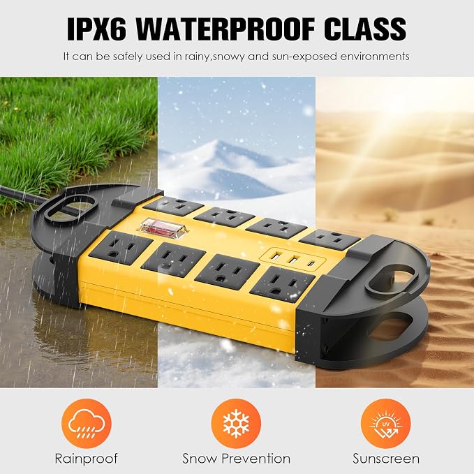 Regleta de alimentación exterior resistente a la intemperie HHSOET, IPX6, amarilla, 6 pies | Regleta exterior, protector contra sobretensiones impermeable IPX6, con 2 puertos USB-A y 1 USB-C, para patio, jardín, porche y garaje miniatura 2
