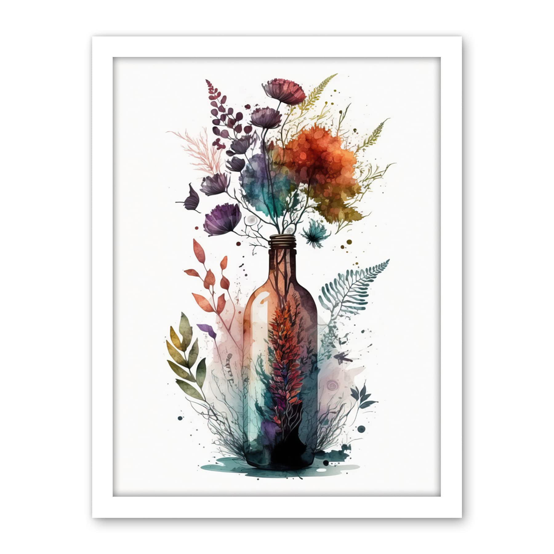 Artery8 Wine Bottle with Spring Wildflower Floral Bouquet Artwork Framed Wall Art Print 18X24 Inch