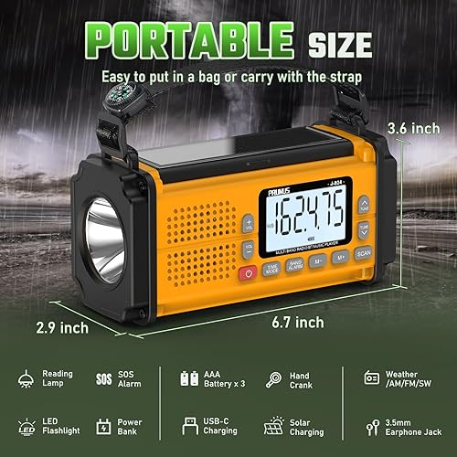 Miniatura 5 de PRUNUS J-924 - Radio de manivela de 10000 mAh/37000 mWh, radio de emergencia con pilas AAA, radio solar de emergencia, radio meteorológica NOAA