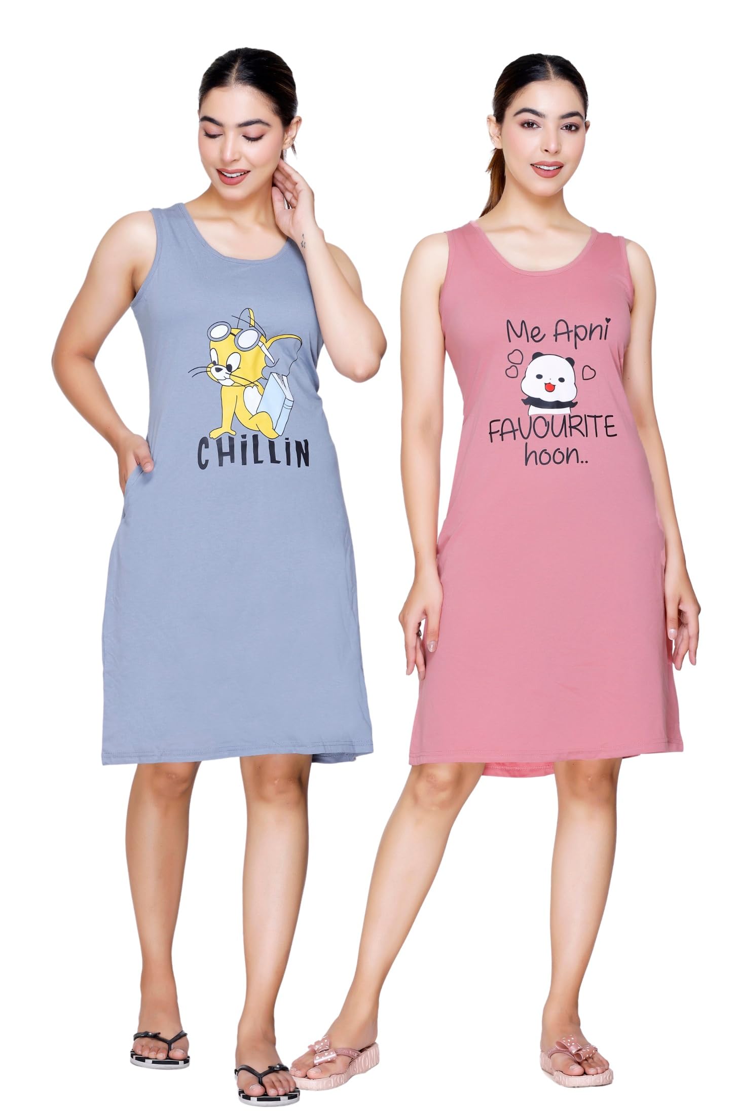Women Nighty Printed Knee Length Night Dress Sleeveless Night Dresses for Women/Cotton Nighty for Women (Pack of 2)-image-22
