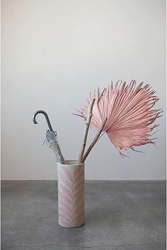 Miniatura 2 de Creative Co-Op Soporte para paraguas de gres florero de palma rosa, 8 pulgadas de largo x 8 pulgadas de ancho x 19 pulgadas de alto, color crema