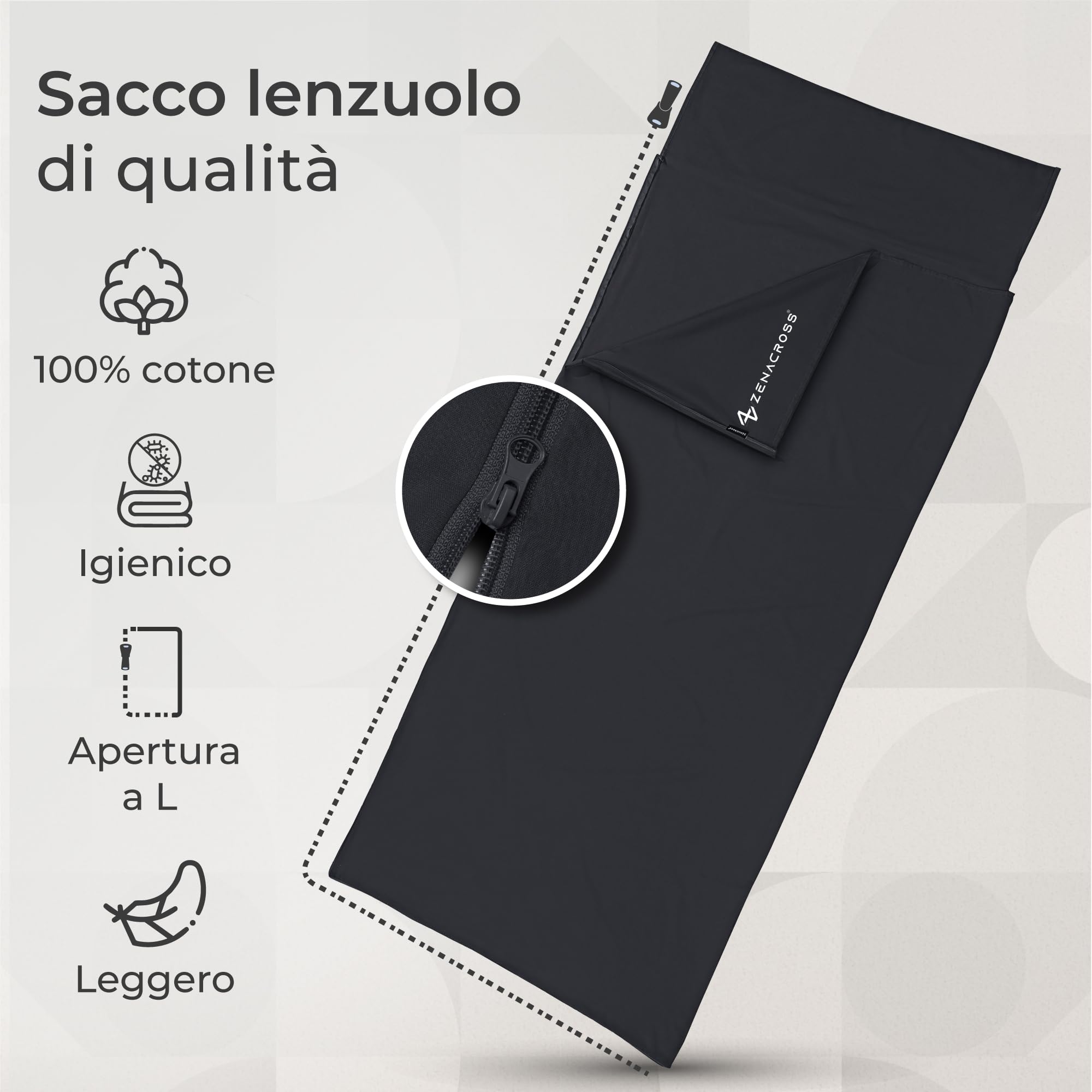 Zenacross - Sacco Lenzuolo da Viaggio - Sacco Letto Singolo Ultraleggero e Compatto - 100% Cotone - Saccoletto con Scomparto per Cuscino - Sacco Lenzuolo Cotone Singolo