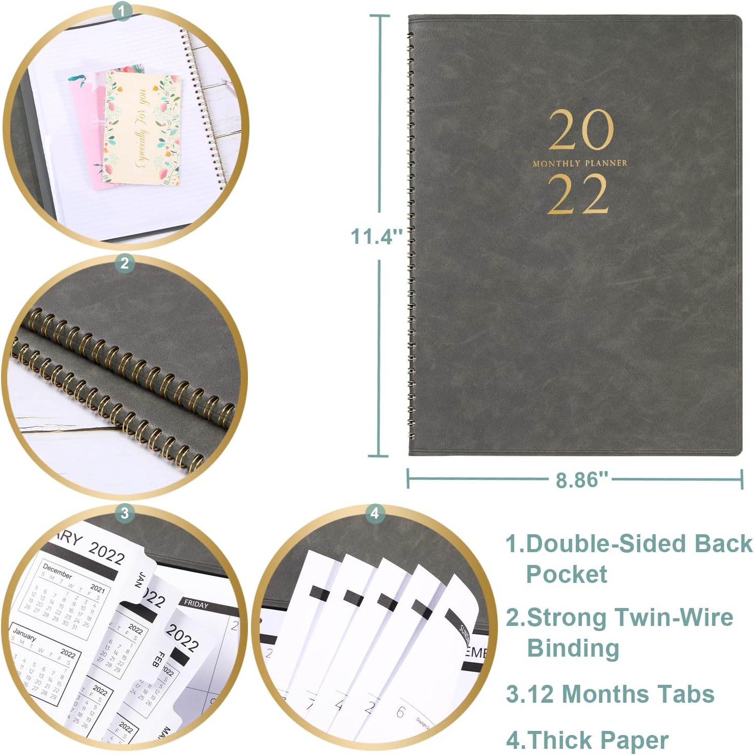 2022 Monthly Planner - Monthly Planner 2022 with Tabs, Jan 2022 - Dec 2022, 9" x 11", Thick Paper, Strong Twin-Wire Binding, Soft Leather Cover, Large Writing Blocks, Great Monthly Planner 2022 for Your organization, Grey