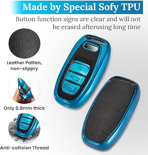 Miniatura 2 de Funda para llavero Audi con llavero de cuerda trenzada de metal, carcasa de TPU suave mejorada para llavero A3-A8 Q5 Q8 R8 RS4-RS7 S4-S8 SQ5 (azul,