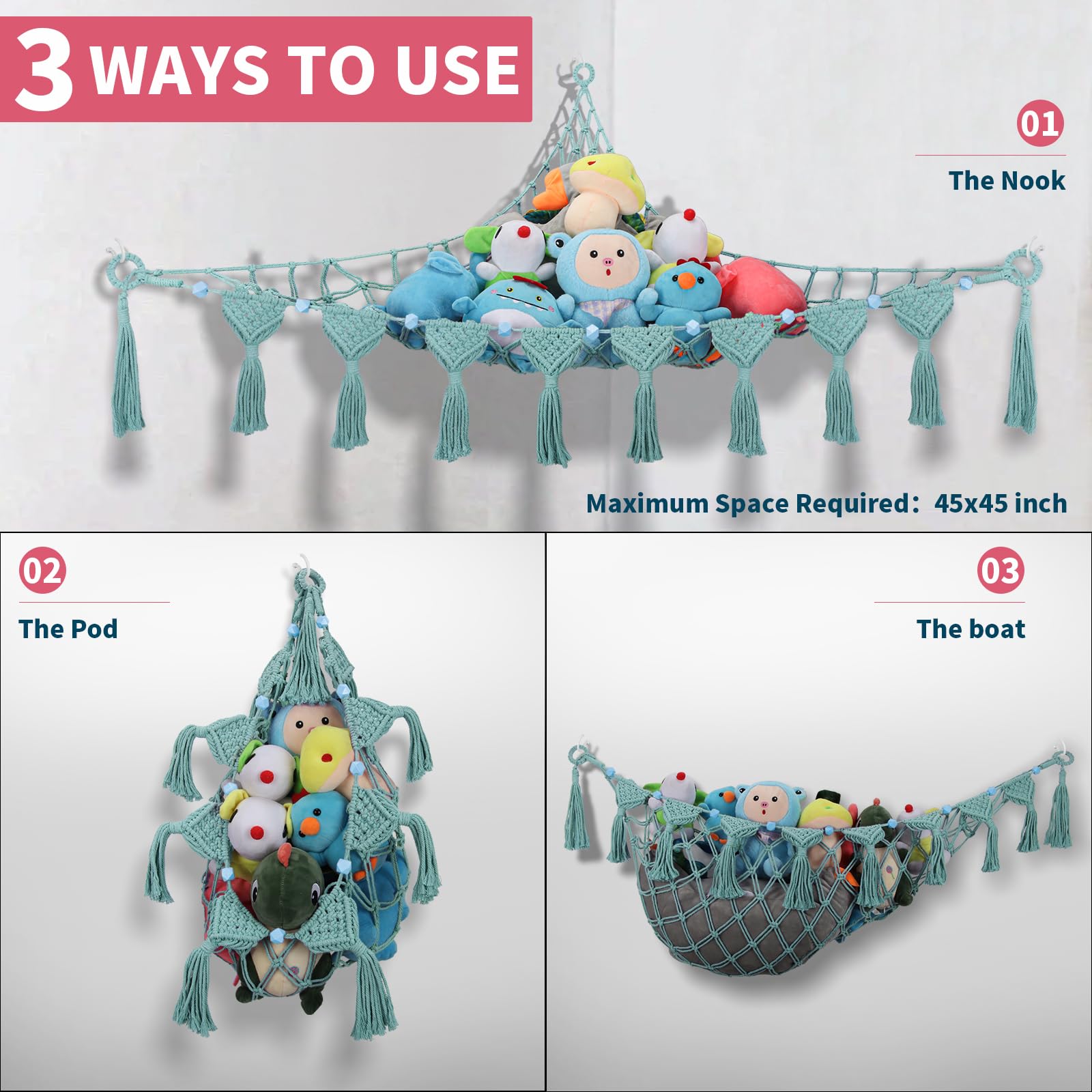 Stofftier-Hängematte, Hängenetz-Organizer für Spielzimmer, Kinderzimmer, Dekoration, Boho-Makramee-Quasten, Eckspielzeughalter, Wandmontage, Plüschtiernetz mit Lichterkette für Babyzimmer