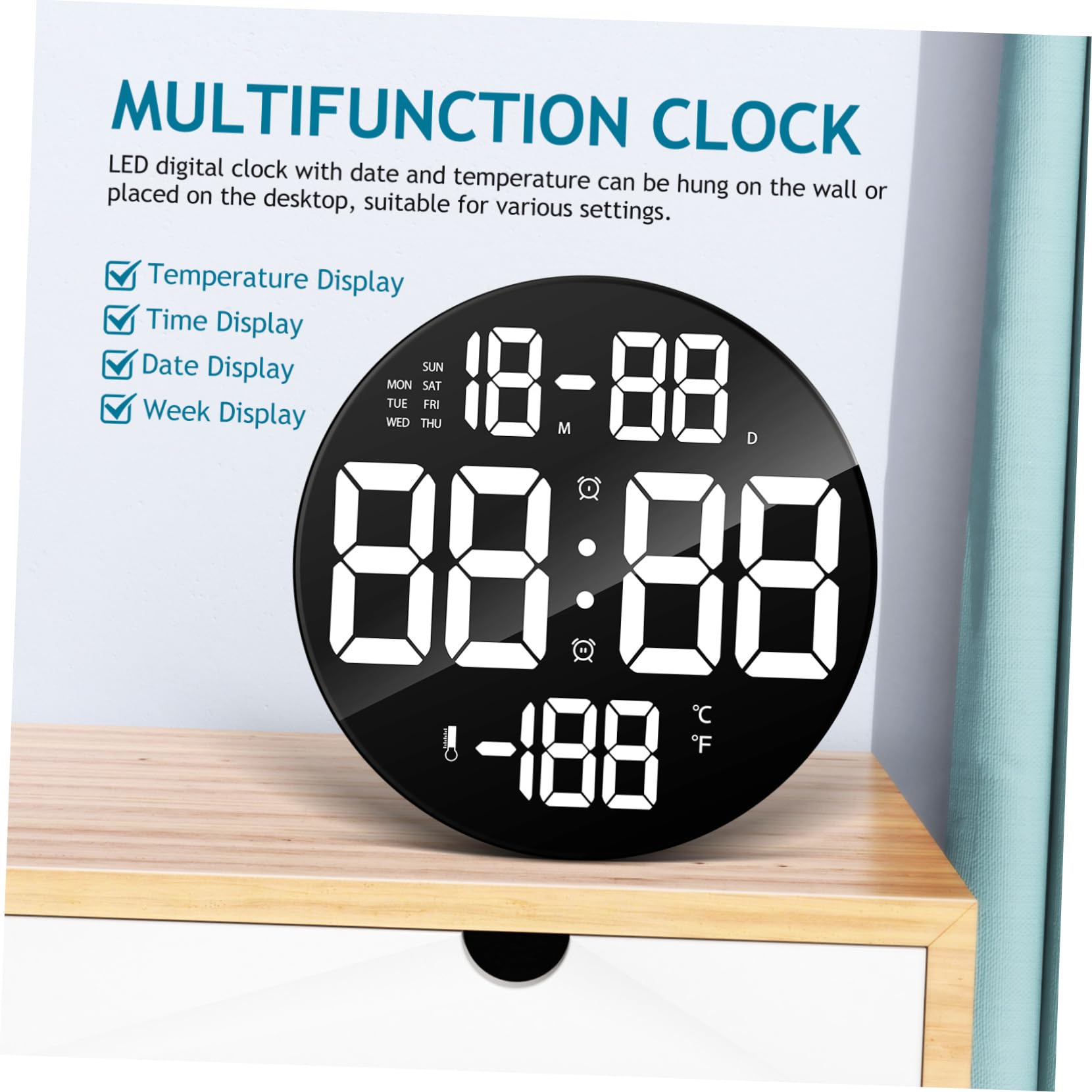 Ciieeo Orologio Digitale da Parete Rotondo LED Nero 9 Pollici
