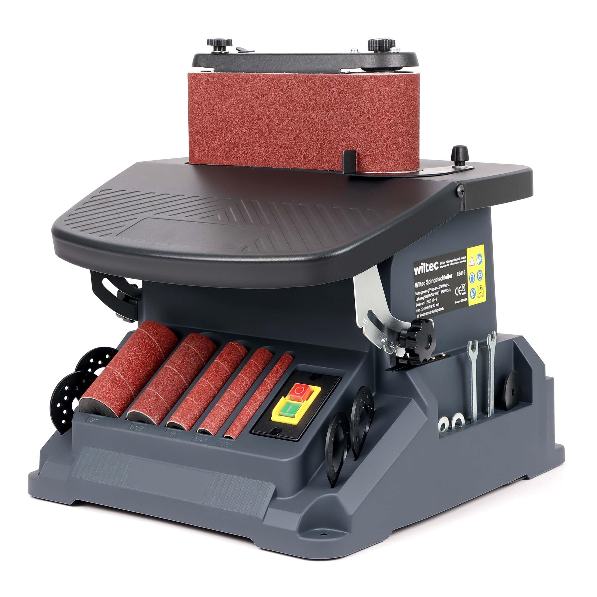 Wiltec Lijadora de banda con husillo oscilante 500 W inclinable hasta 45° pulidora de cinta con 5 manguitos de lijado y carrera de oscilación de 16 mm, 2000 rpm