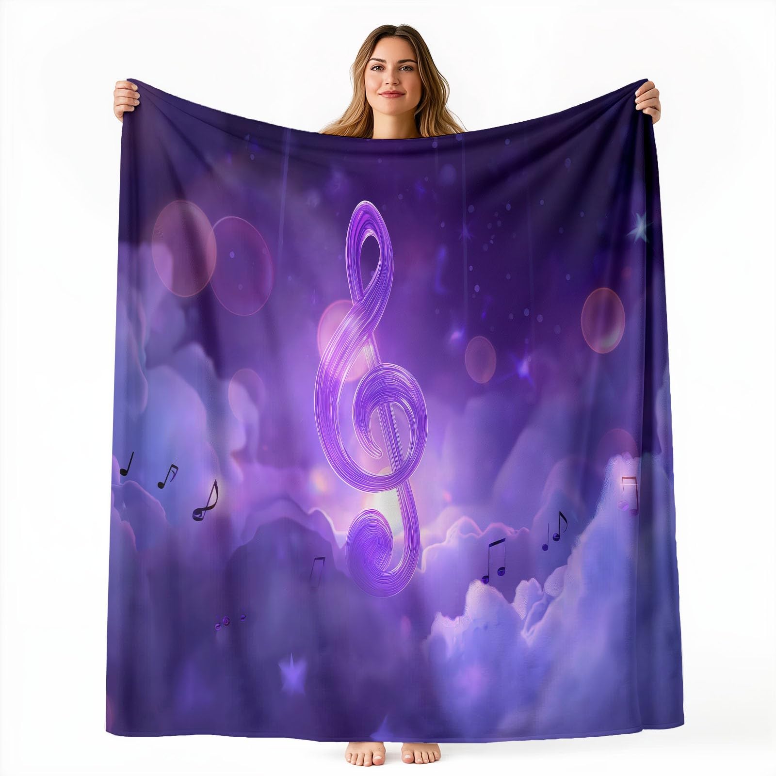 200 x 200 cm, koc do wtulania się, fantazyjny, wzór chmur, gwiaździste niebo, miękki, ciepły koc do mieszkania, narzuta na sofę, puszysty koc polarowy do sypialni, na kanapę, fioletowy