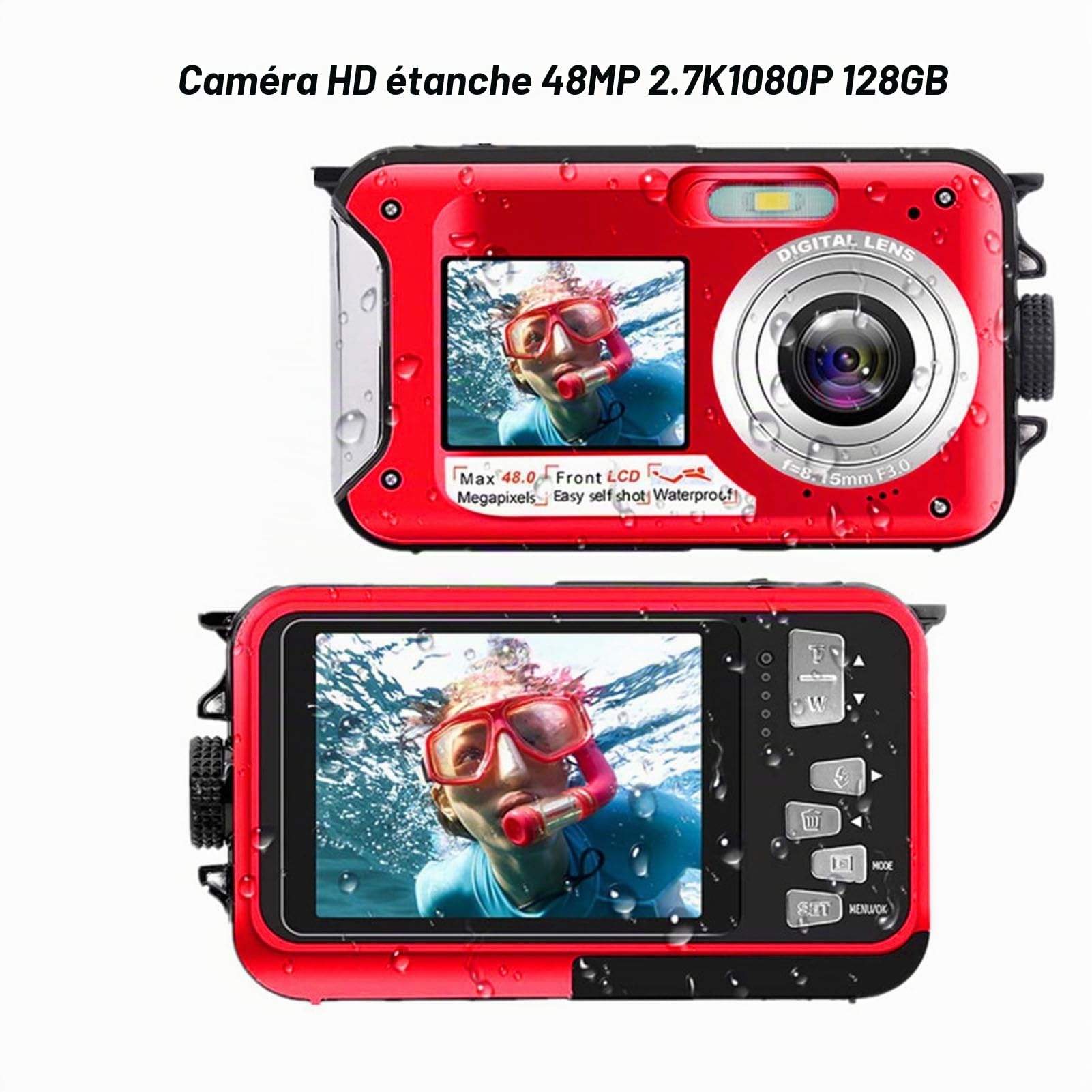 Appareil Photo Numérique Sous-Marin étanche 2.7K Full HD 48MP 10ft, Double écran Zoom 16X avec Enregistreur Vidéo (Rouge)