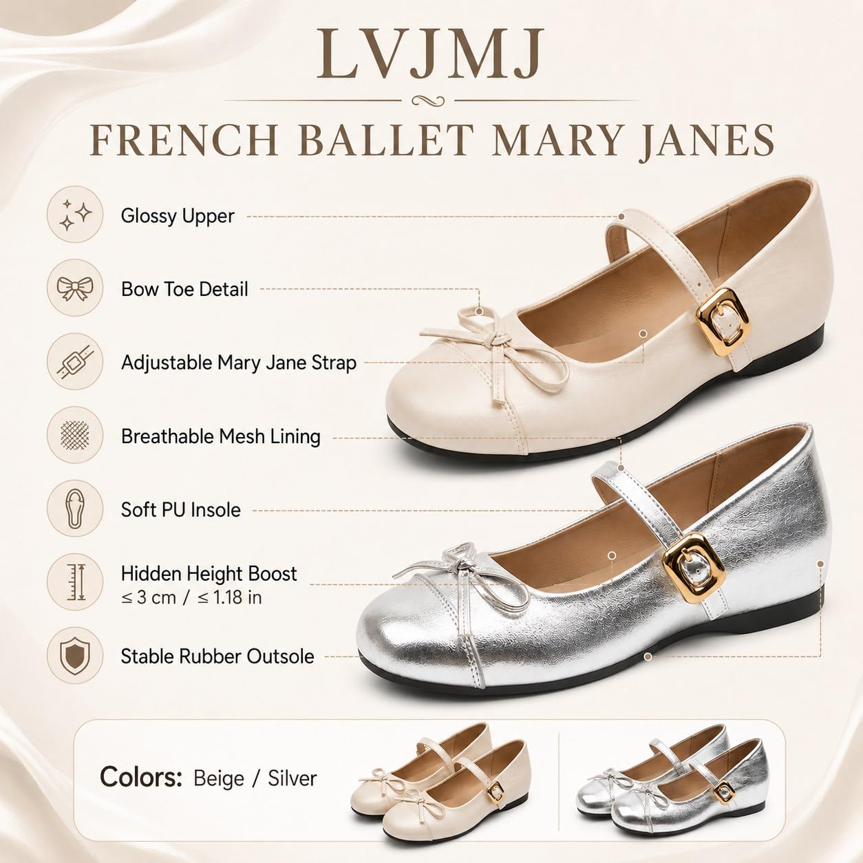 LVJMJ Mary Jane - Ballerine da donna con punta tonda in vernice in