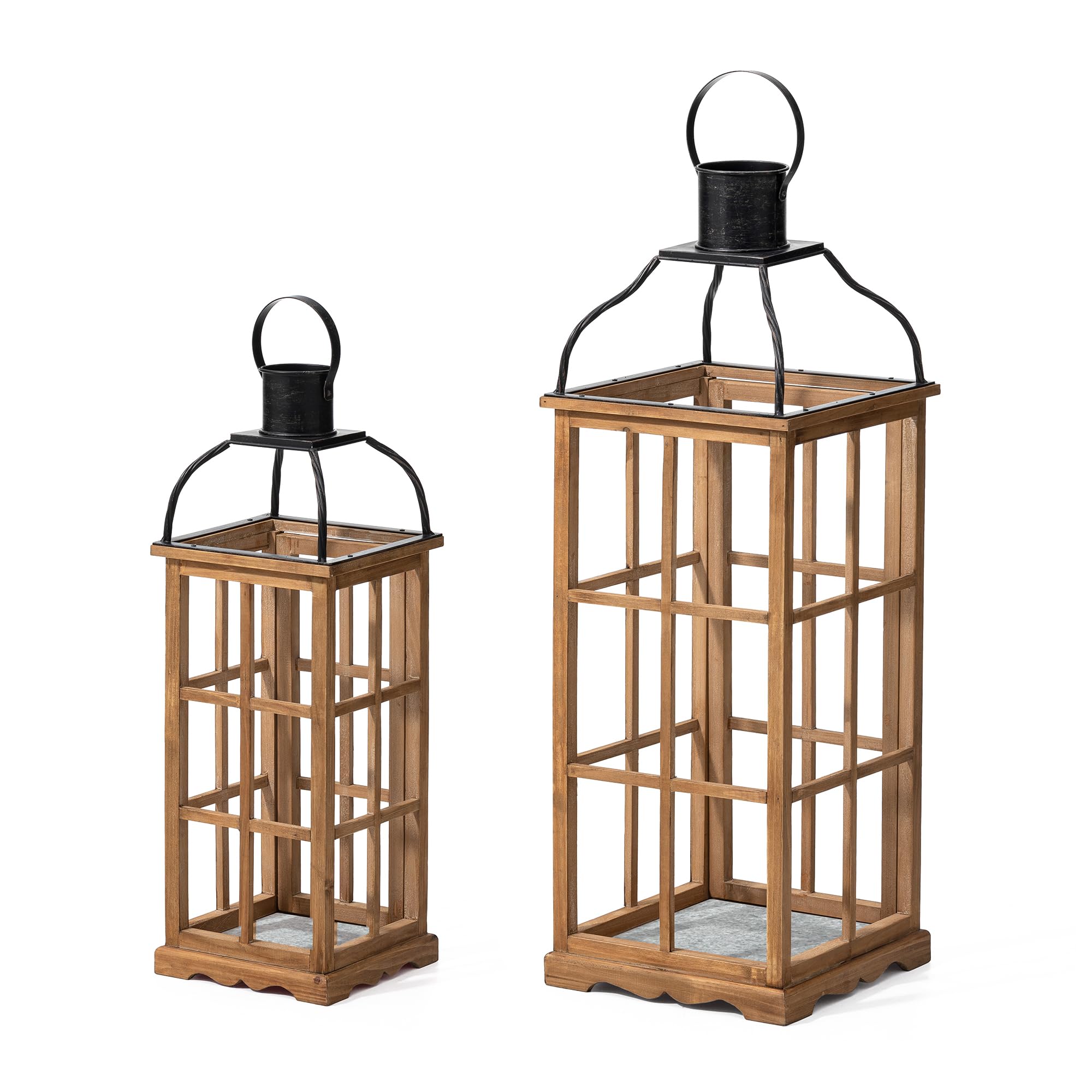 Glitzhome Dekorative Kerzenlaternen, Set mit 2 Holzlaternen im Landhausstil, für Veranda, Terrasse, Garten, Balkon, Hochzeit, Tischdekoration (kein Glas)