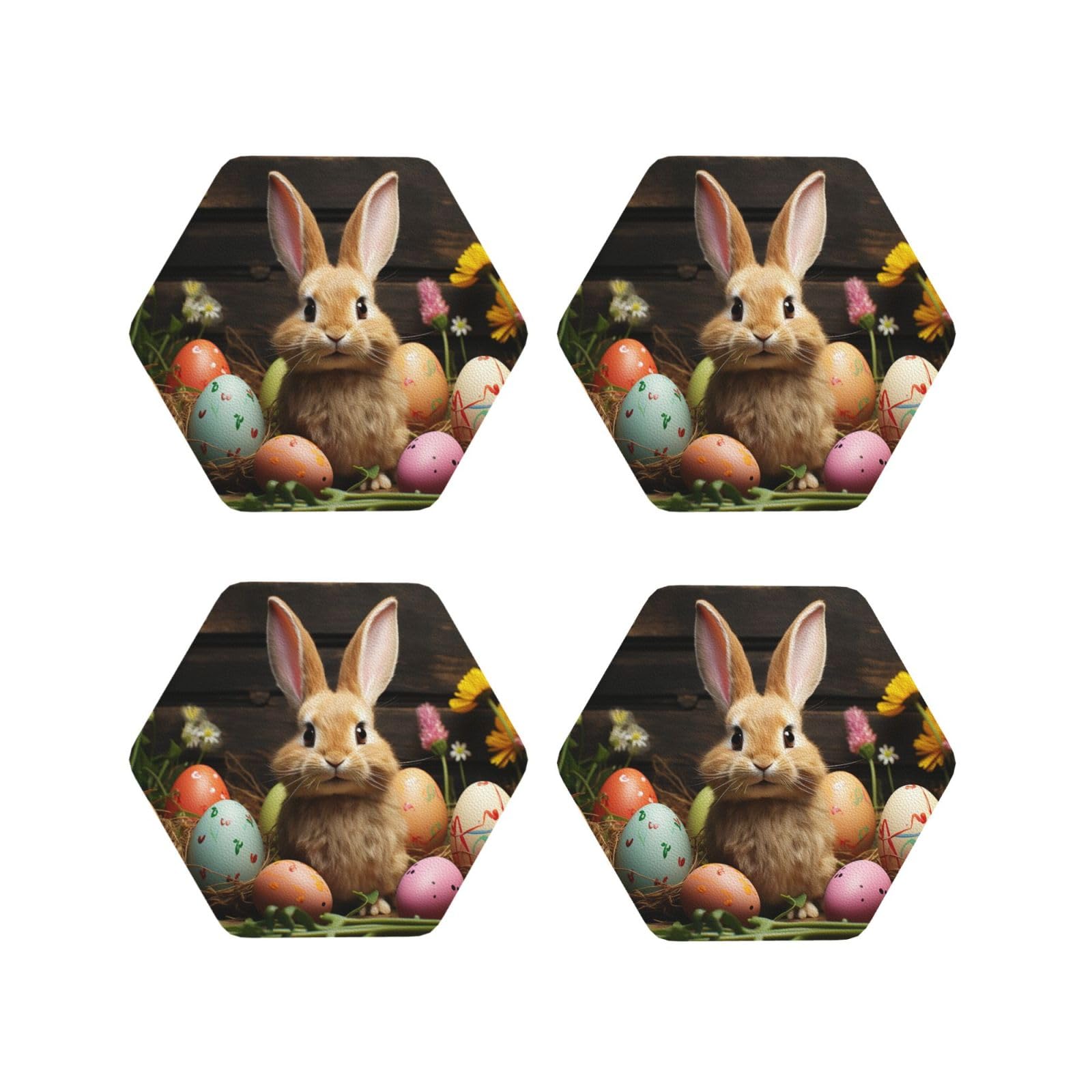 4Pcs PU Leather Coaster for Drinks, Easter Egg Bunny Cup Coastersr 4" Cup Mat Pad, Aesthetic Drink Coasters for Coffee Table, Hexagon Coaster for Tabletop Protection