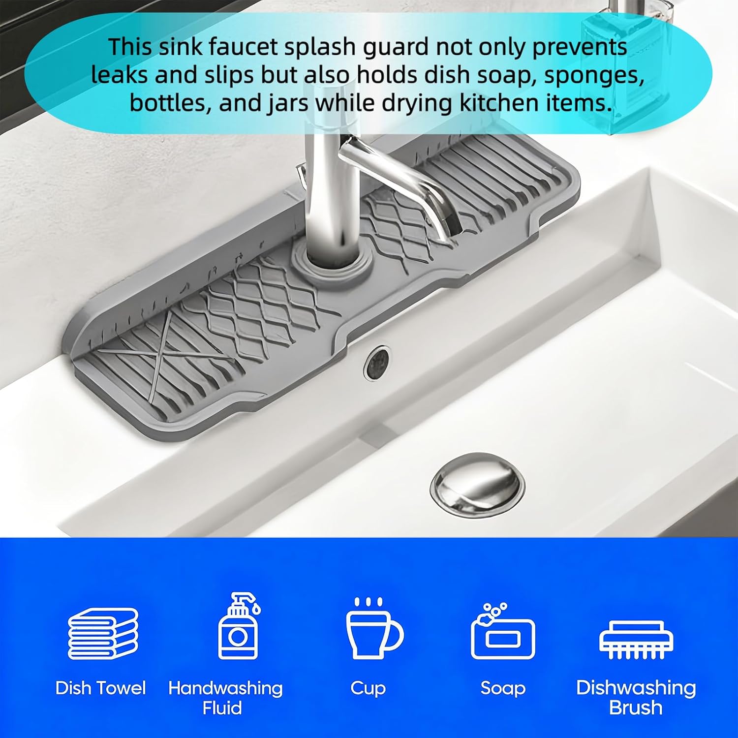24" Longer Silicone Faucet Mat for Kitchen Sink, Water Draining Mat Kitchen Sink Faucet Mat Splash Guard Kitchens Sink Water Splash Guard Behind Faucet Draining Mat for Kitchens and Bathroom Gray