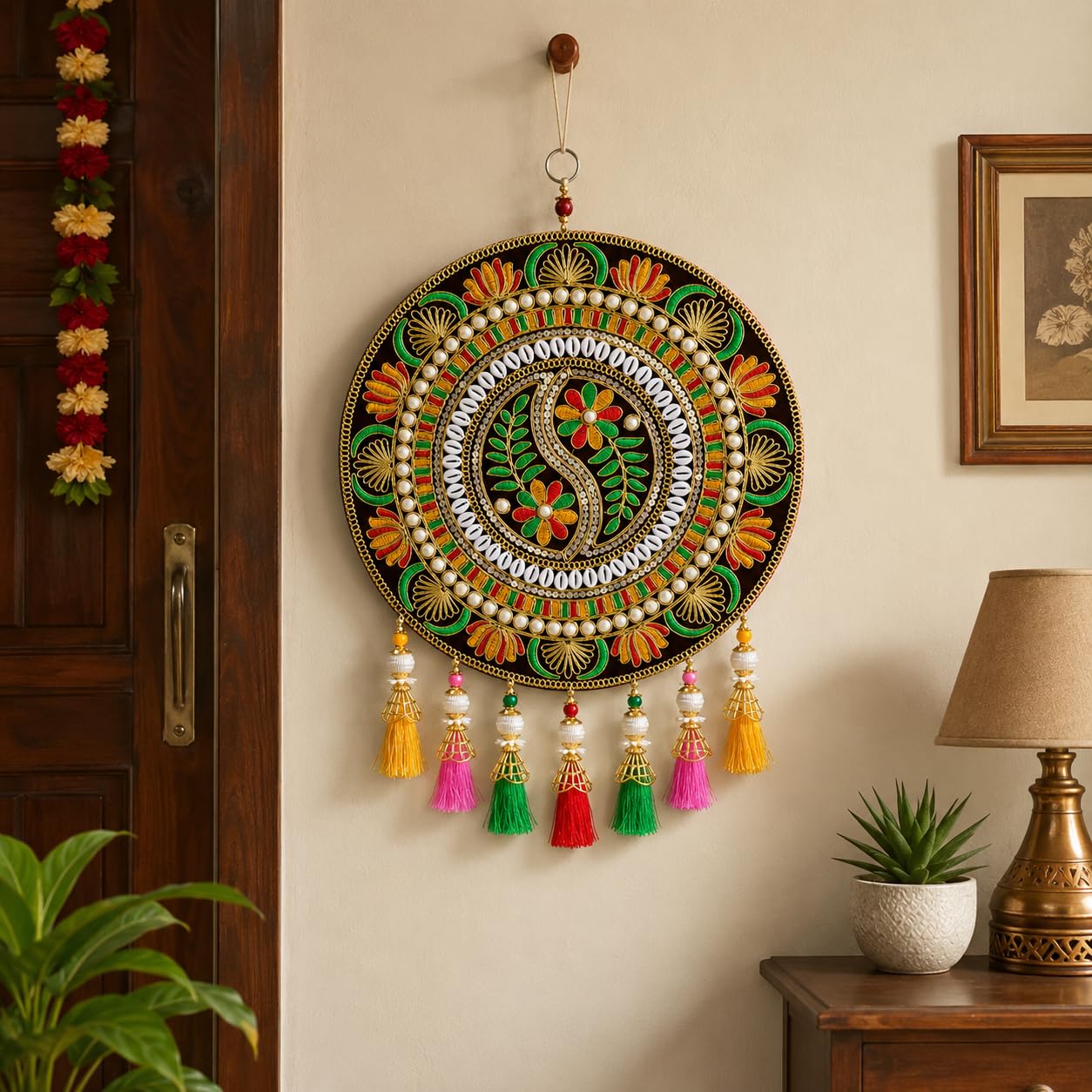 Traditional Latkan Door Hanging for Main Door | Handmade Decorative Wall Hanging with Embroidery, Mirror Work, Beads & Tassels | Festive Home Decor for Diwali, Wedding, Housewarming (12 x 17 Inch)