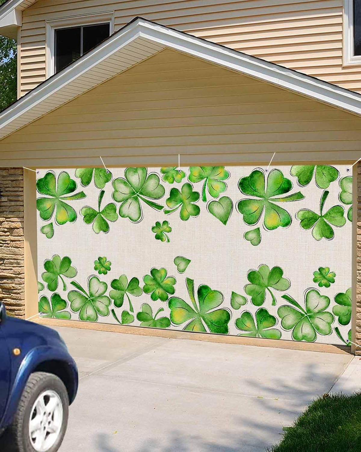 Green St. Patrick's Day Garage Door Cover Decorations 7x16 Ft, Lucky Clovers Botanical Rustic Decorative Garage Door Banner, Large Outdoor Garage Hanging Backdrop Mural for Party/Holiday