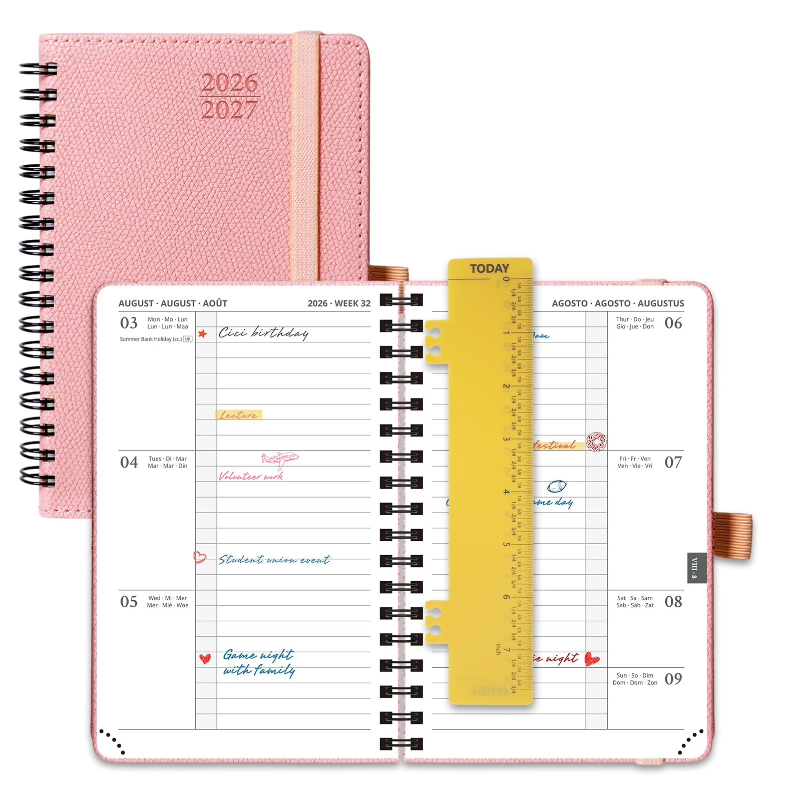 POPRUN 2026-2027 A6 Academic Diary Week to View (16x10.5 cm) Soft Cover Spiral Horizontal Weekly Planner 17 Months (Aug'26 - Dec'27) Mid Year 26/27(Soft Pink)