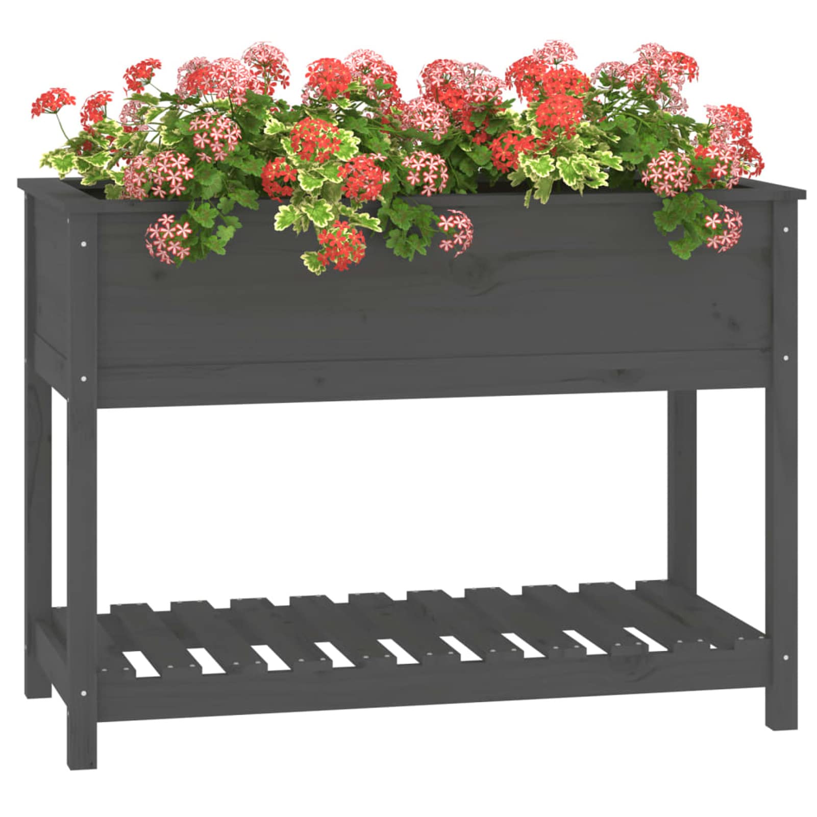 Homgoday Sadzarka z kratką do ogrodu, skrzynka na kwiaty z półką szara 111,5 x 54 x 81 cm z litego drewna sosnowego, sadzarka grillowana do ogrodu, donica na zewnątrz, donica balkonowa