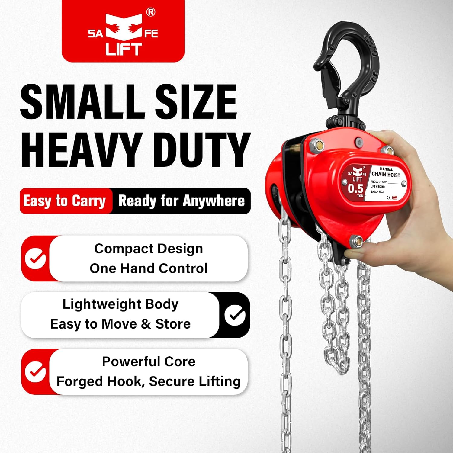 1/2 Ton Hand Chain Hoist, Compact & Lightweight Manual Chain Block 1100 lbs Working Load for Garage Automotive Mower Maintenance & DIY Lifting (1/2 TON | 10FT)