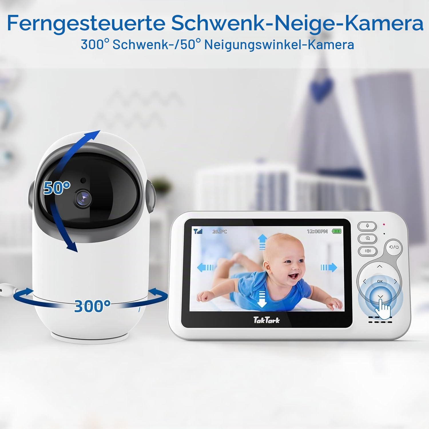TakTark Babyphone mit Kamera, 4.3'' Babyfon mit Kamera und Audio mit Pan-Tilt 300° Rotation Video Baby Monitor mit VOX, Gegensprechfunktion, Nachtsicht, Temperatursensor und Keine störenden Lichter