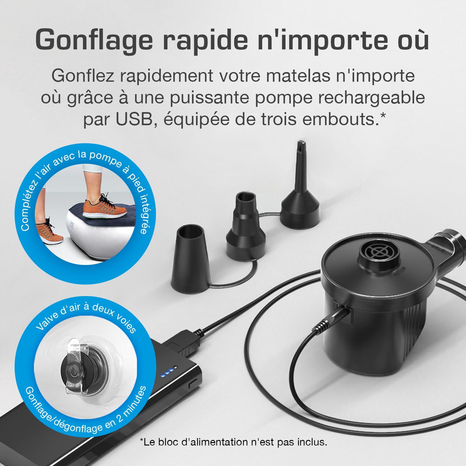 Active Era Matelas Gonflable de Camping avec Pompe à Air Rechargeable USB et Pompe à Pied, 2 Personnes, Sac de Transport Inclus - 150 x 203 x 22 cm