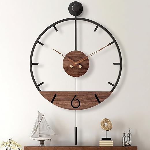 Pytha Sight 34.6×24 Inch Large Modern Decorative Pendulum Wall Clock,Big Metal Farmhouse Oversized Silent Wall Clocks Minimalist Elegant Walnut Dial Pointers for Living Room,Office,Dining Room Decor