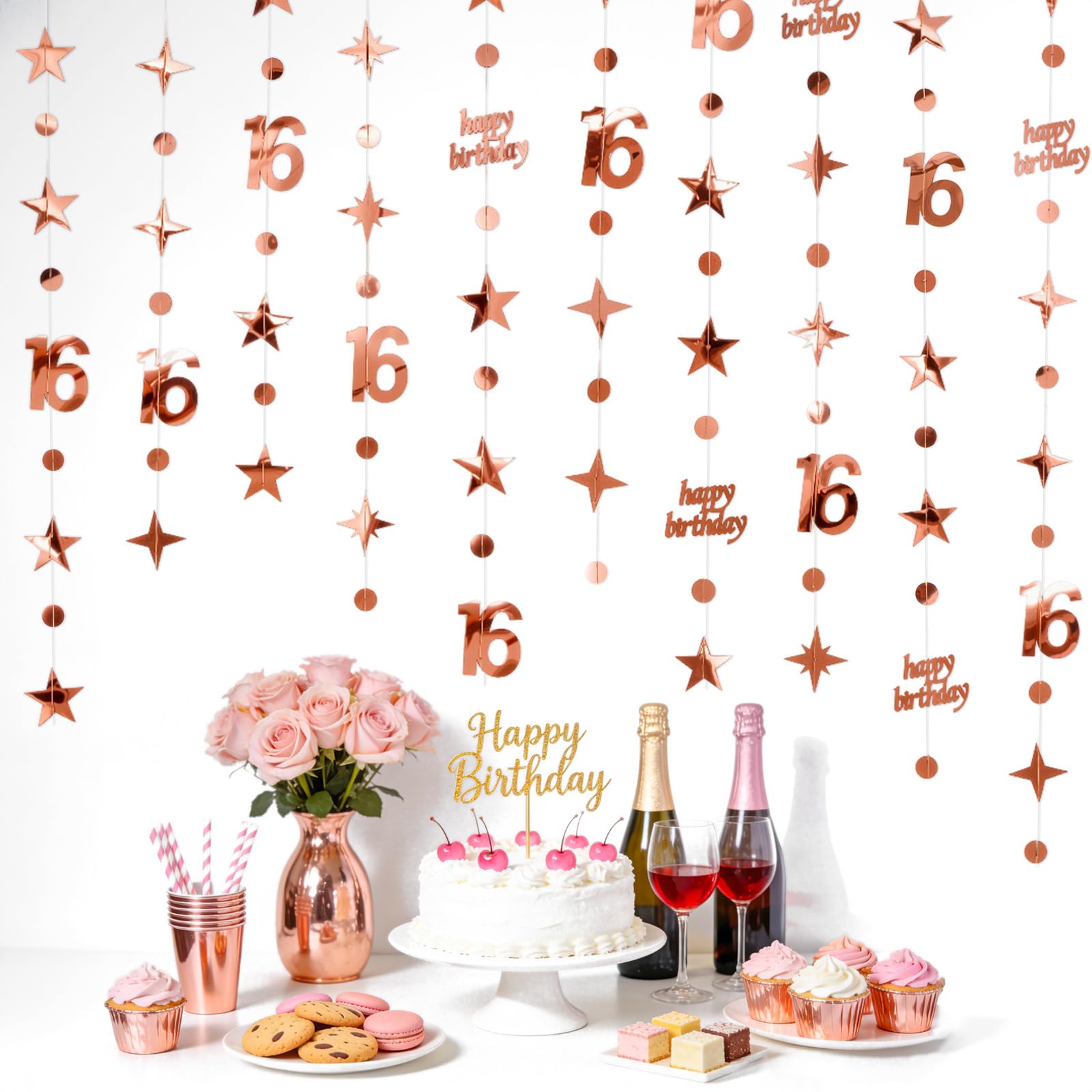 G2PLUS 16th Birthday Paper Garland: 4PCS Rose Gold Hanging Paper Garland, 14m Backdrop Streamers, Hanging Party Decorations for 16th Birthday