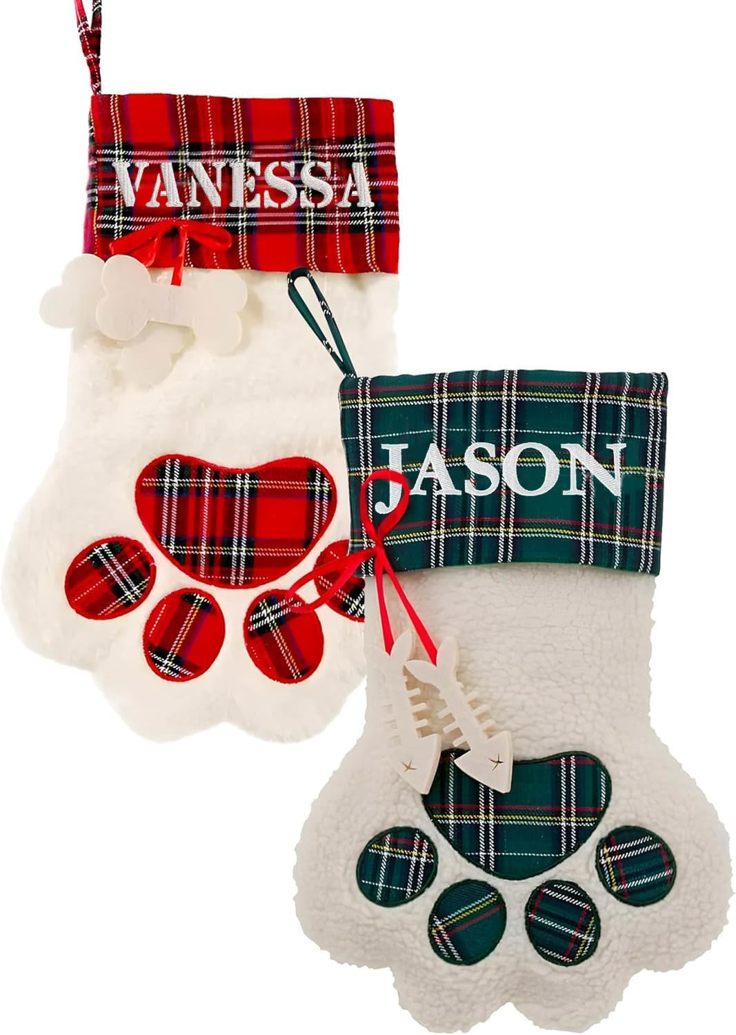 Custom Dog Cat Paw Christmas Embroidered Stocking with Personalized Pet Name - White Faux Sherpa with Red Green Plaid Cuff and Dog Fish Bone Accents Xmas 2026-2 Pack