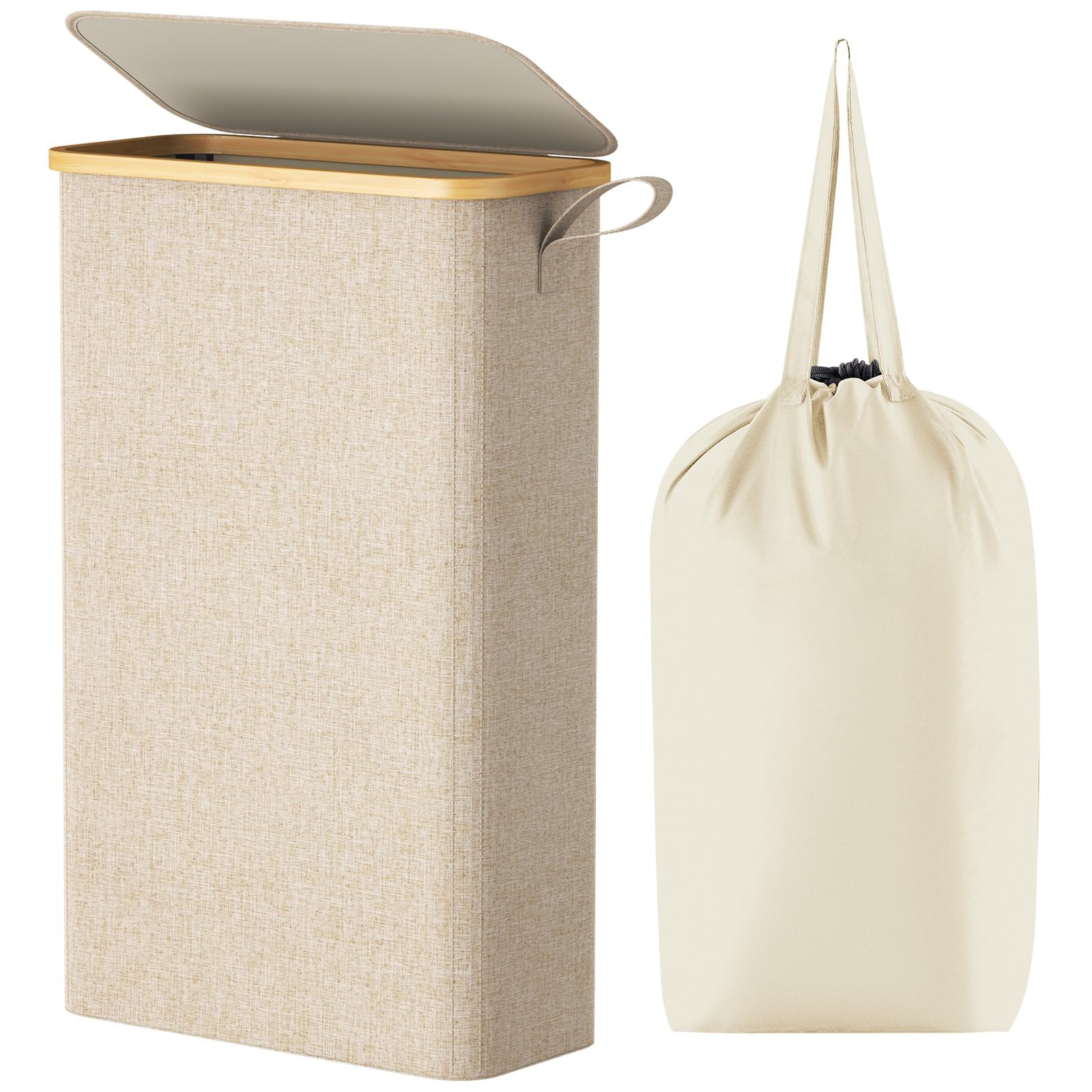 Lifewit 65L Slim Laundry Basket with Lid, Narrow Laundry Bin with Removable Bag & Bamboo Handles