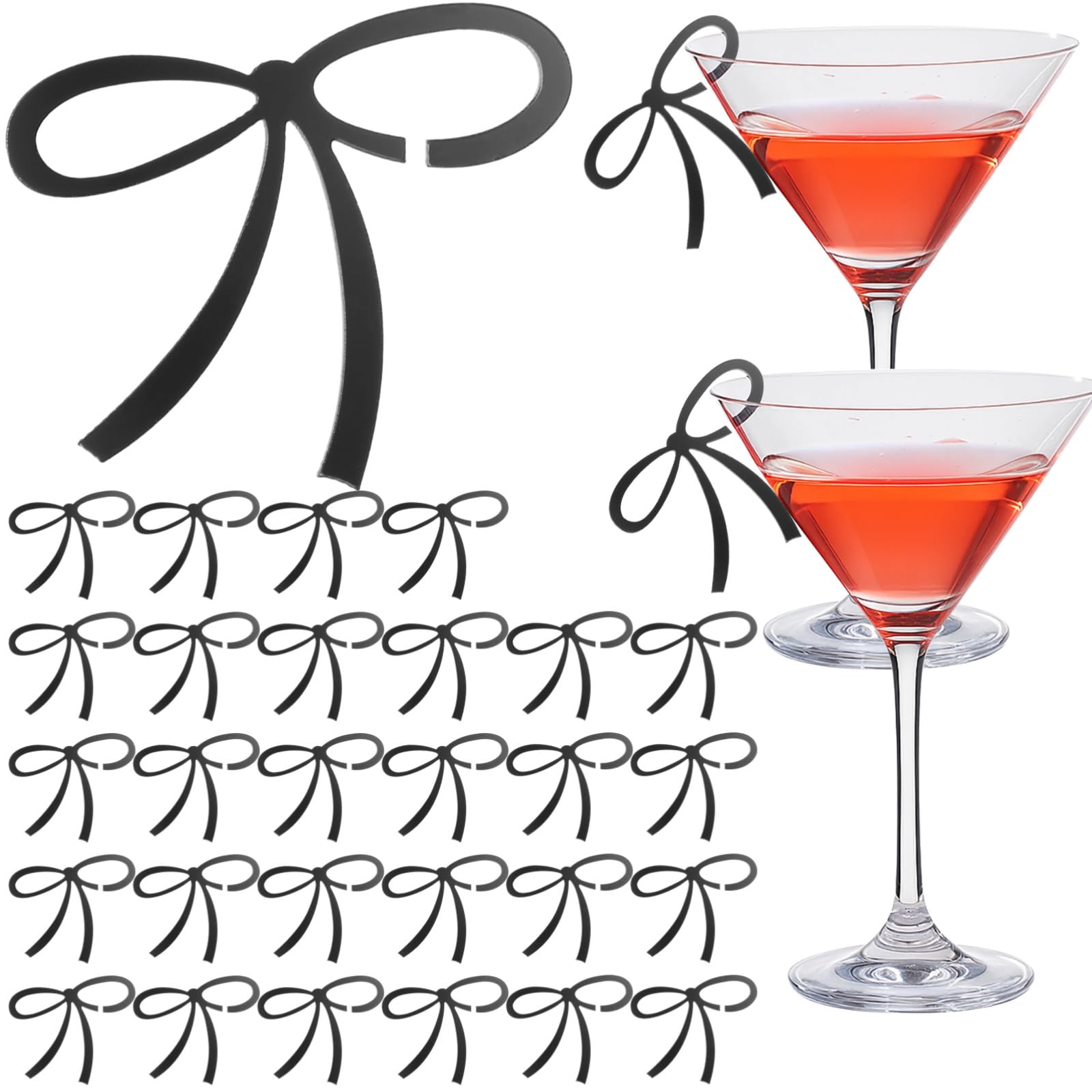 50 Stk. Getränkeanhänger mit Schleife, schwarze Bowtie Weinglas Anhänger aus Acryl, stabile Glasmarker für Junggesellinnenabschiede, Hochzeiten, Feiern und Tischdekorationen im Set