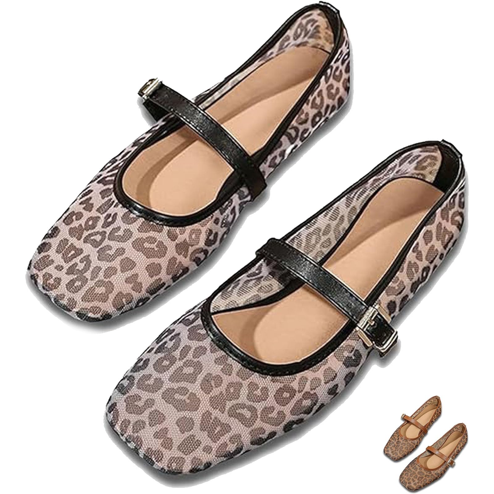 Zapatos planos de ballet de malla con estampado de leopardo para mujer, puntera cerrada cuadrada, zapatos planos Mary Jane de malla transpirable para mujer