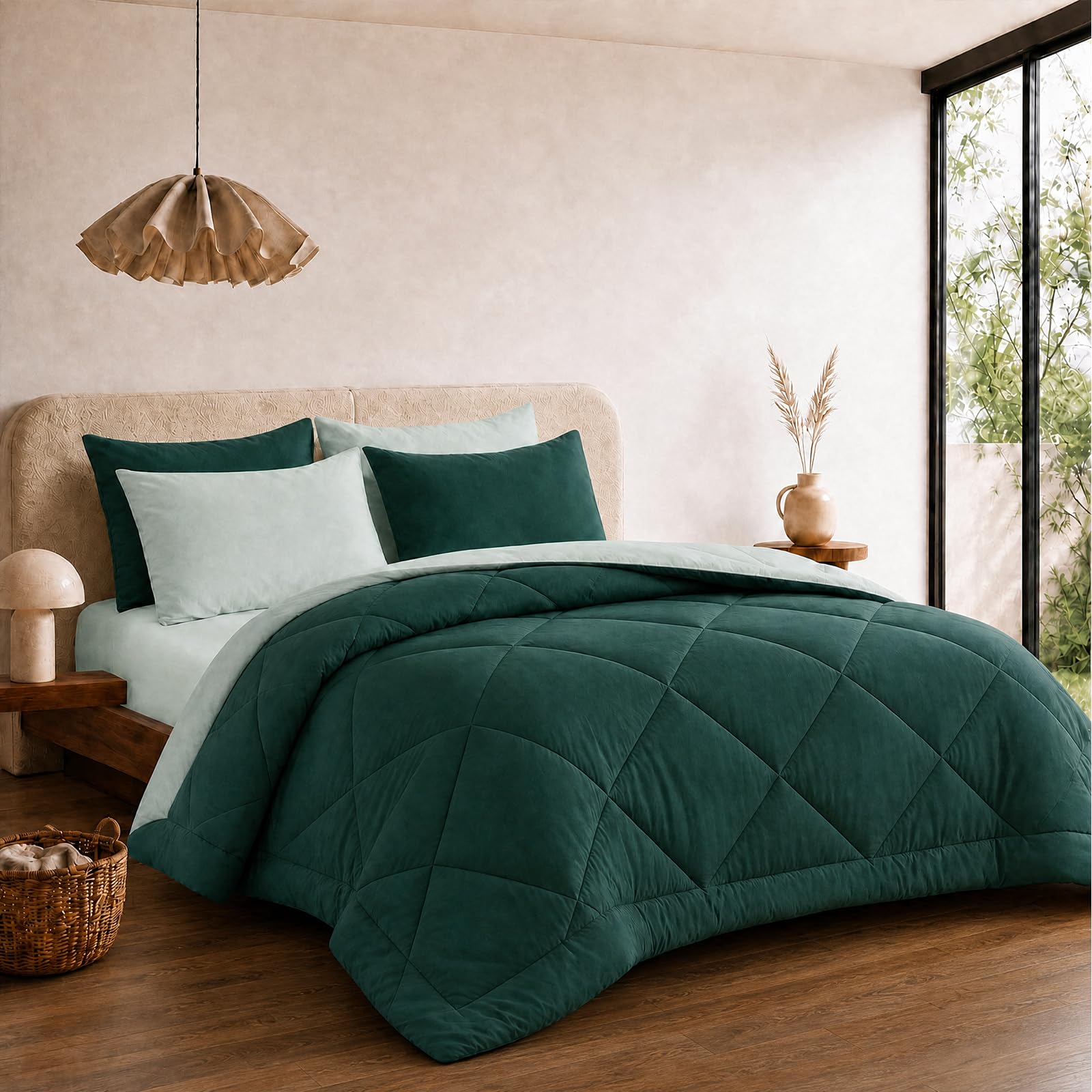 VelvetMis Coverless Duvet King Size 10.5 Tog - 230x 220cm, Emerald Dark Green And Sage Green Quilt, Reversible Comforter with 2 Pillowcases โ image 1