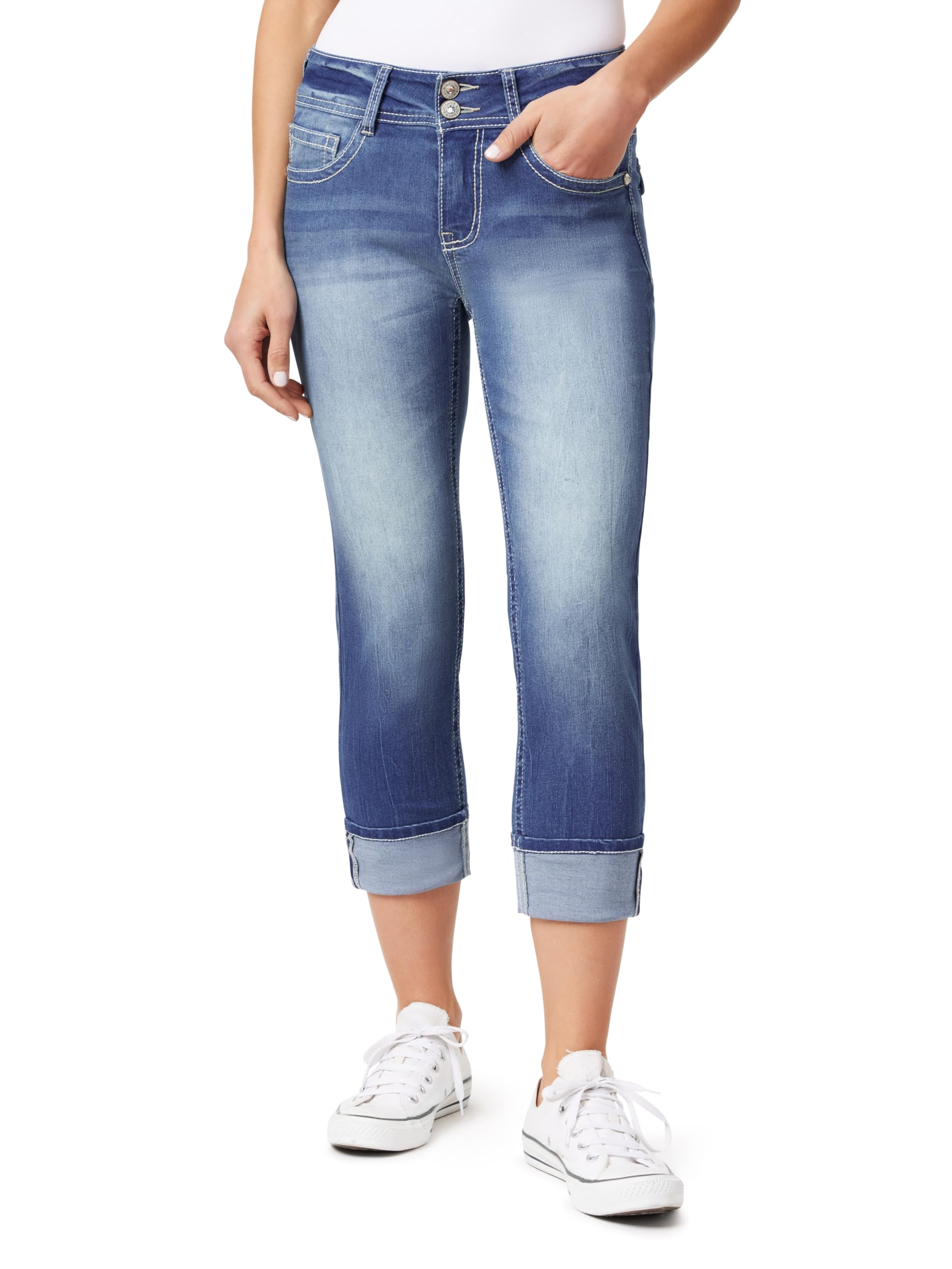 WallFlower Women's Luscious Curvy 23.5" Crop Mid-Rise Bling Insta Stretch Juniors (Standard and Plus)