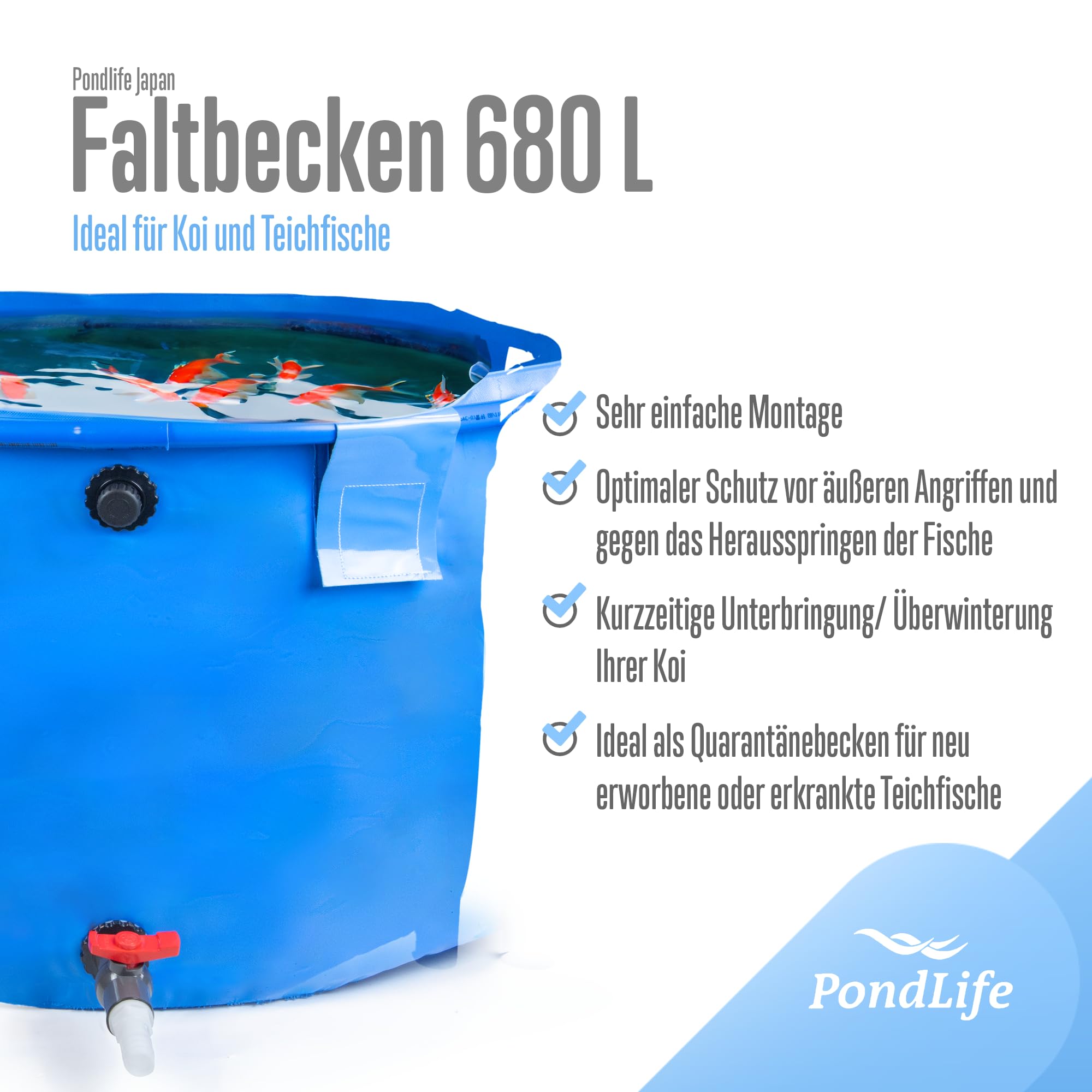 Pondlife Faltbecken für Koi und Teichfische, Ø 120cm x Höhe 60cm, 680 Liter, stabile PVC-Folie, UV-beständig