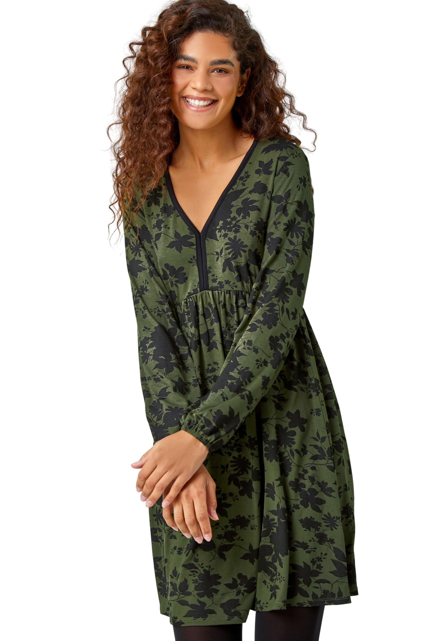 Roman Women's Khaki Floral Contrast Trim Stretch Dress In Size 14