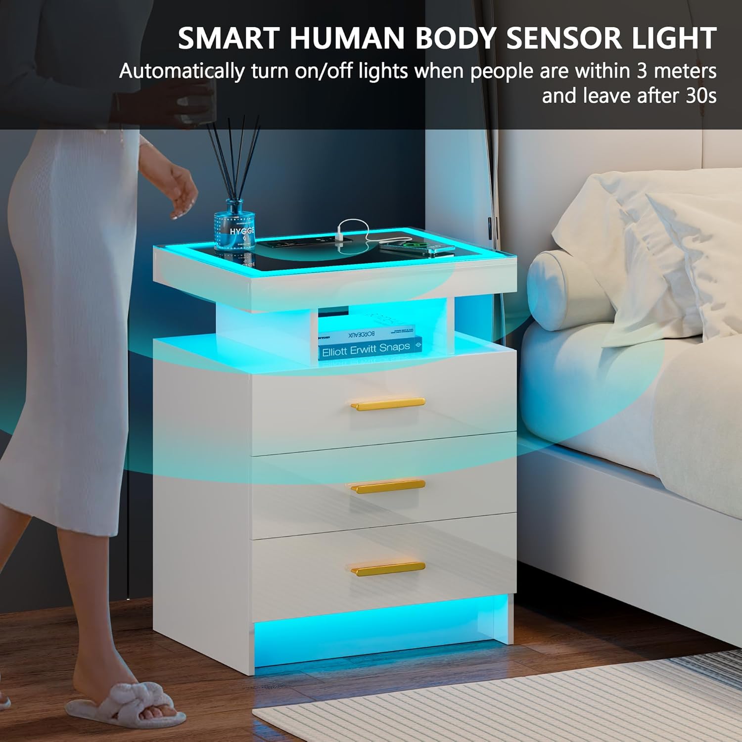 JDPAG smart nightstand human body sensor light activating automatically as person approaches in dark bedroom