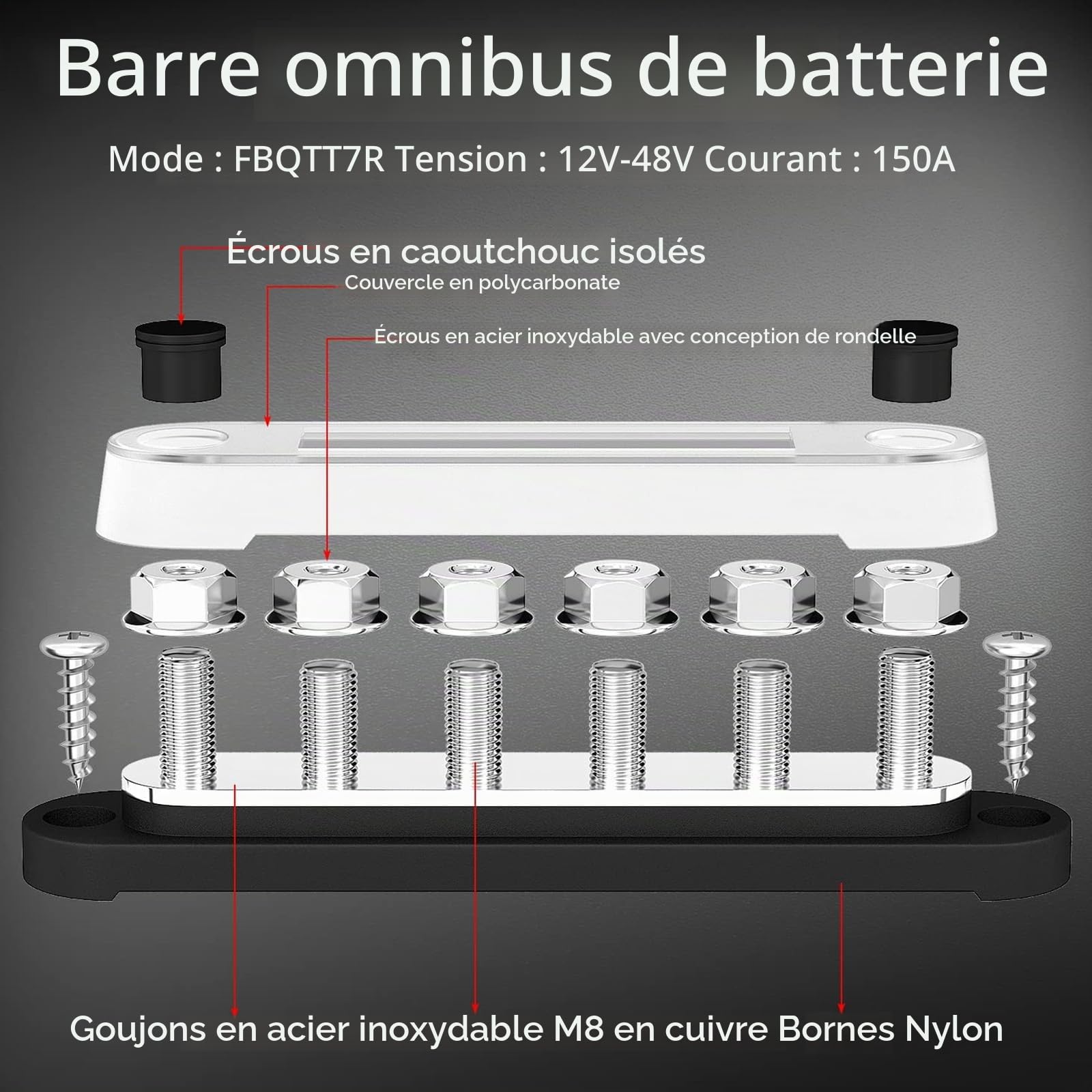 2 Pièces Barre Omnibus De Batterie, Bloc De Distribution De Bornes D'alimentation à 6 Canaux, Bloc de Distribution d'alimentation M8 150A DC 12-48V，Battery BusBar with Cover for Auto, Boat