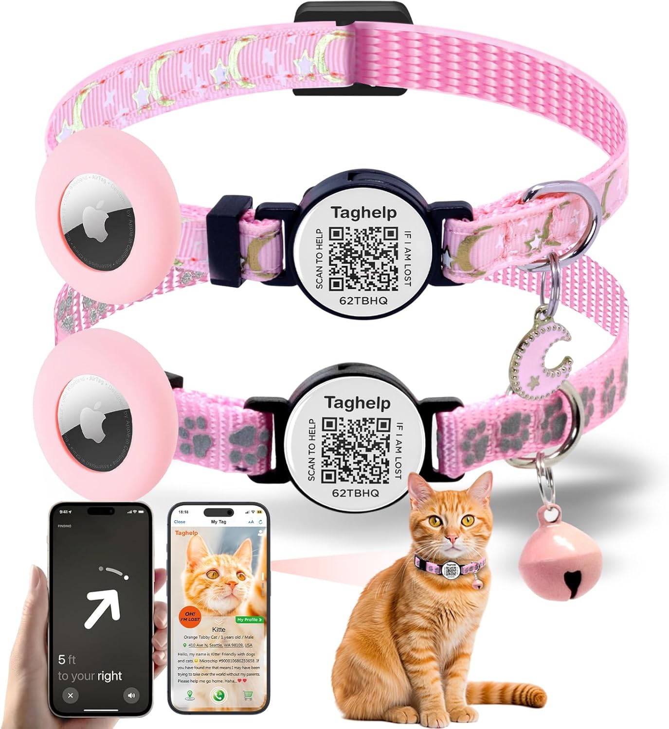 2 Pack Airtag Cat Collar Breakaway with Bell&Moon...