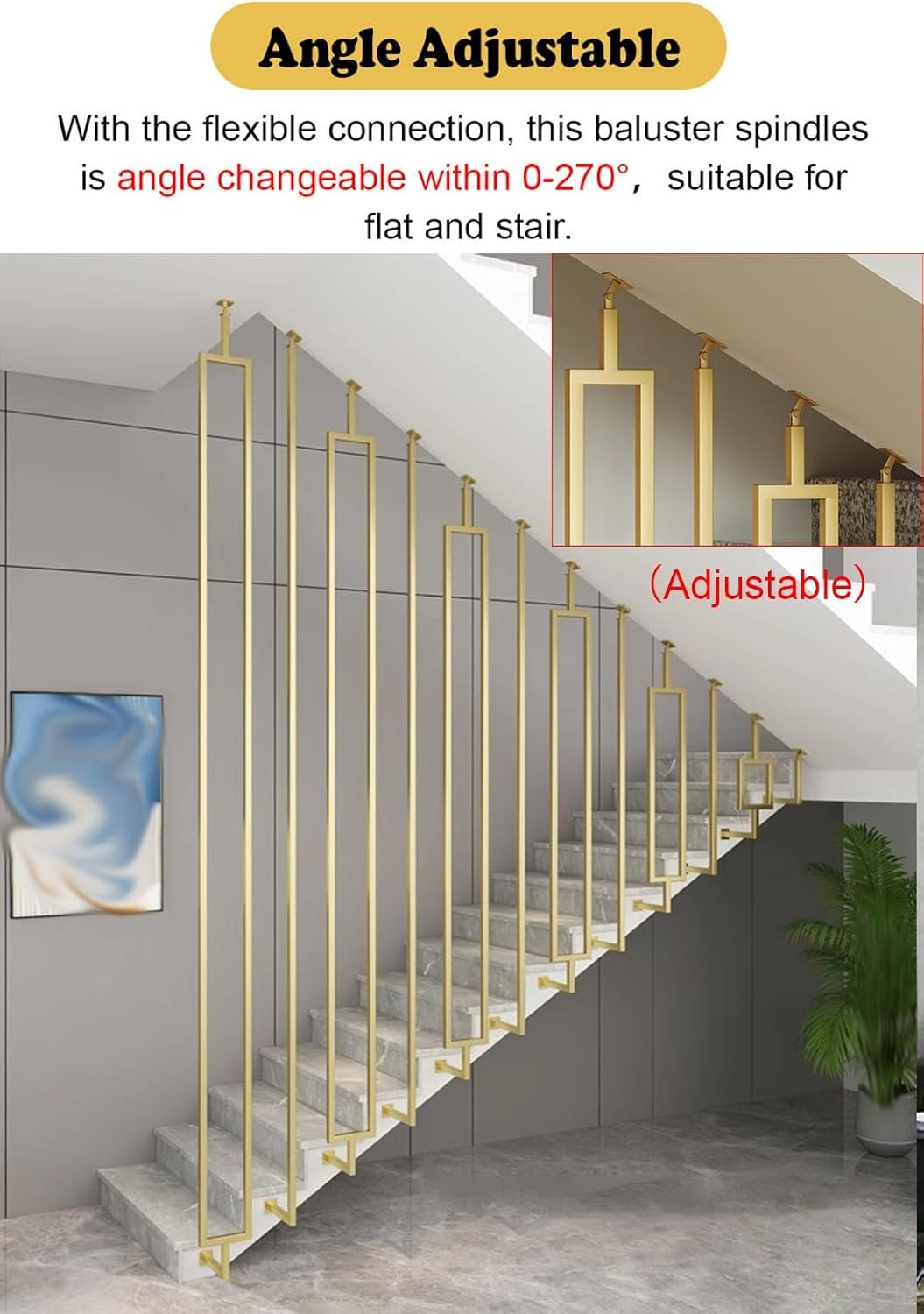Adjustable 270° White Stair Spindles for Sloped Staircases - Customizable Metal Balusters, 34in/86cm Universal Column for Enhanced Safety & Fall Prevention (1 Piece)