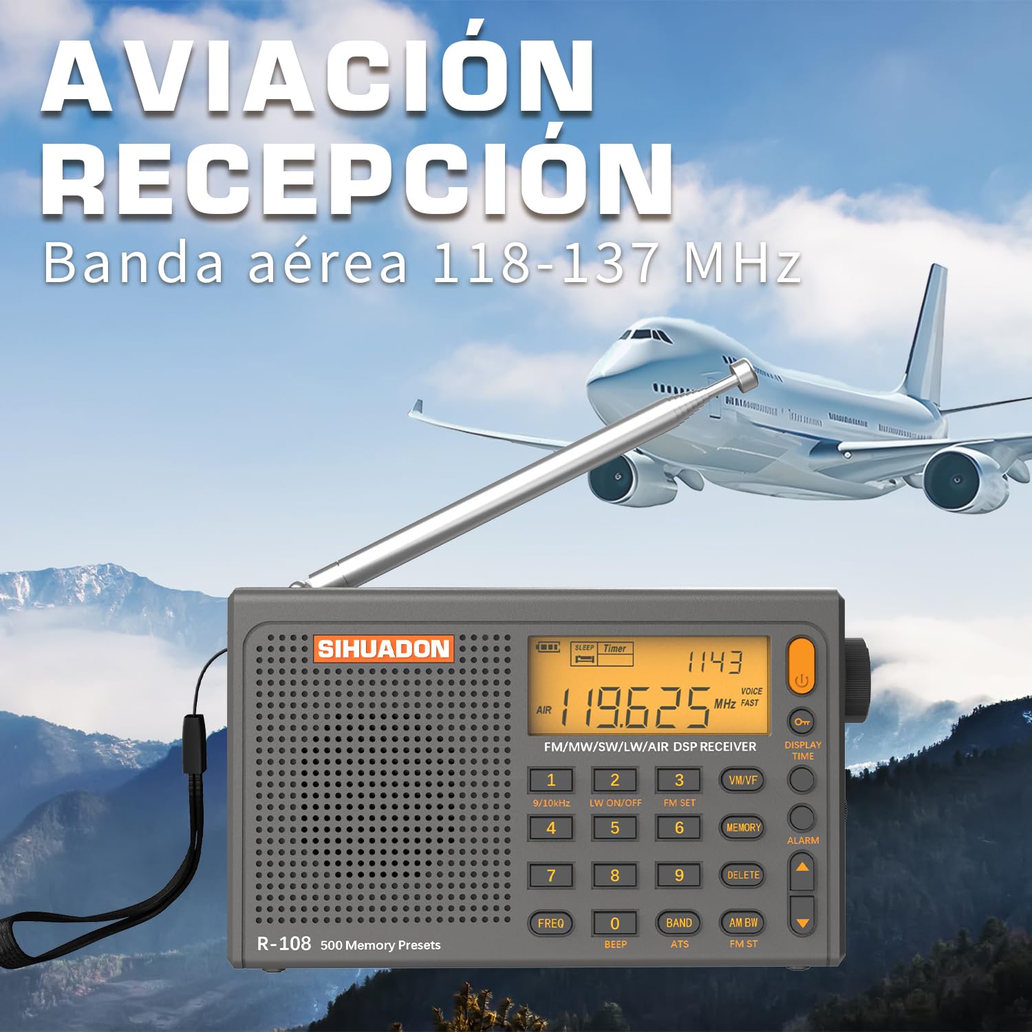 R108 Radio Portatil Pequeña FM Am SW KW MW Banda De Aviación Radio Multibanda con Altavoz Excelente VisualizacióN del Tiempo De RecepcióN RetroiluminacióN De La Radio Digital Gris