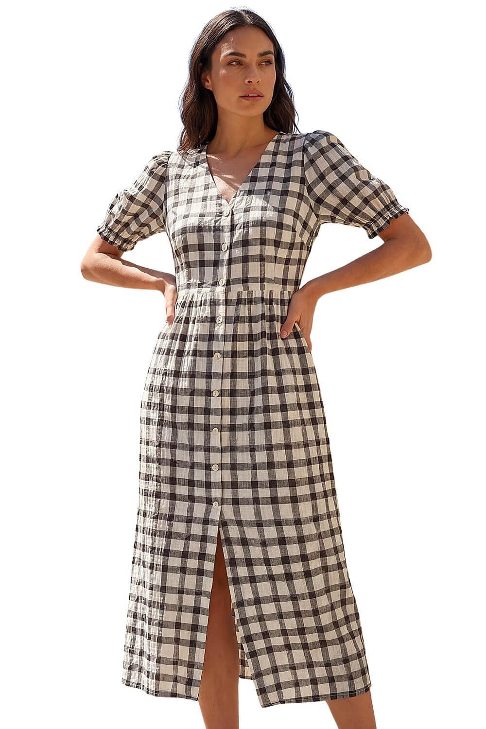 Roman Originals Women's Black Check Button Midi Dress For Uk - Everyday Holiday Spring Summer V-Neckline Comfy Soft Evening Vacation Work Party - Size 16