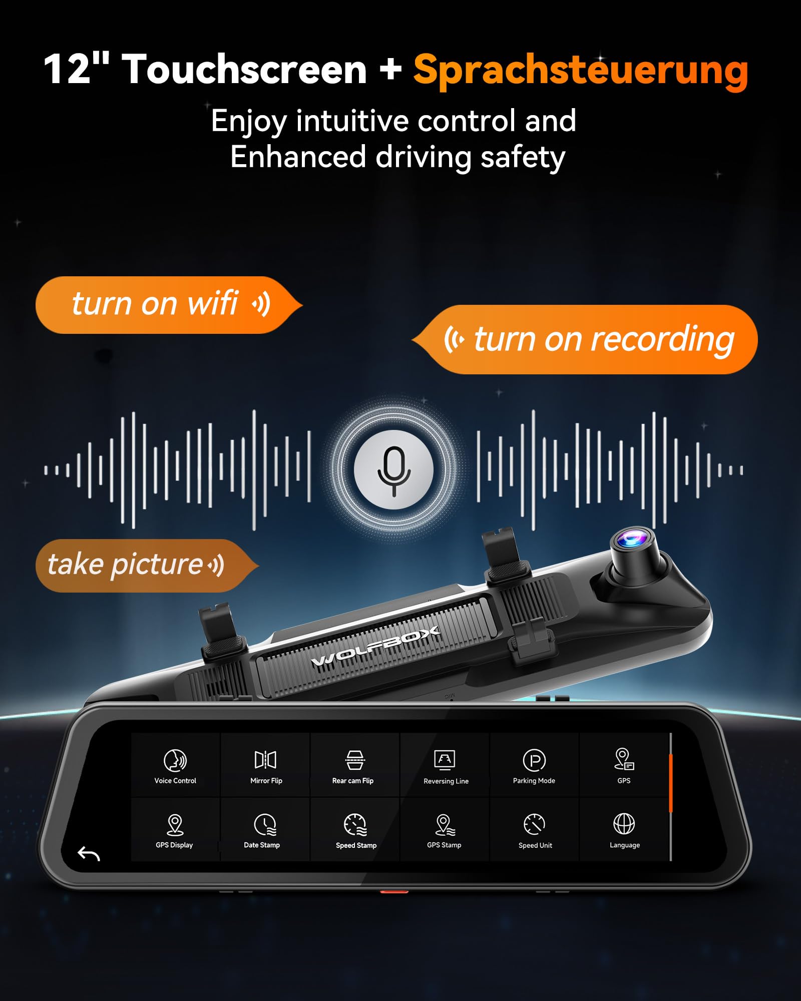 WOLFBOX G900Tripro Stoßstangen-Ausführung 3 Kanal 4K Rückfahrkamera Spiegel | 8MP STARVIS 2 IMX678, 4K+2.5K+1080P Dashcam Auto Vorne Hinten für Stoßstange, 5.8GHz WiFi, Sprachsteuerung, 256GB-Karte, GPS